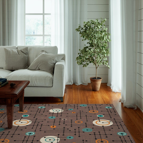 Retro Mid Century Eames Inspired Lines and Circles Brown Anti-Slip Accent Rug