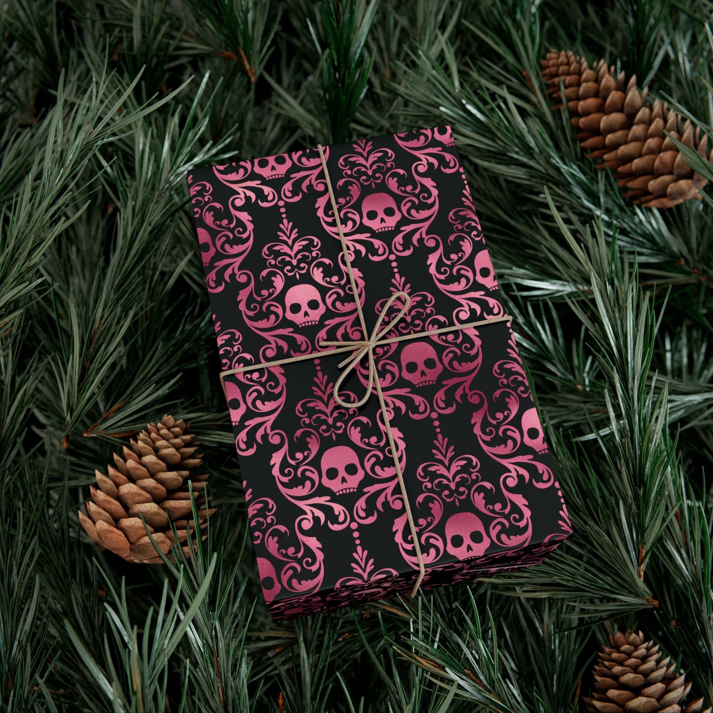Pink Damask Skulls, Victorian Goth, Dark Academia, Goth Christmas & Creepmas Glam Black Eco-Friendly Gift Wrap Paper