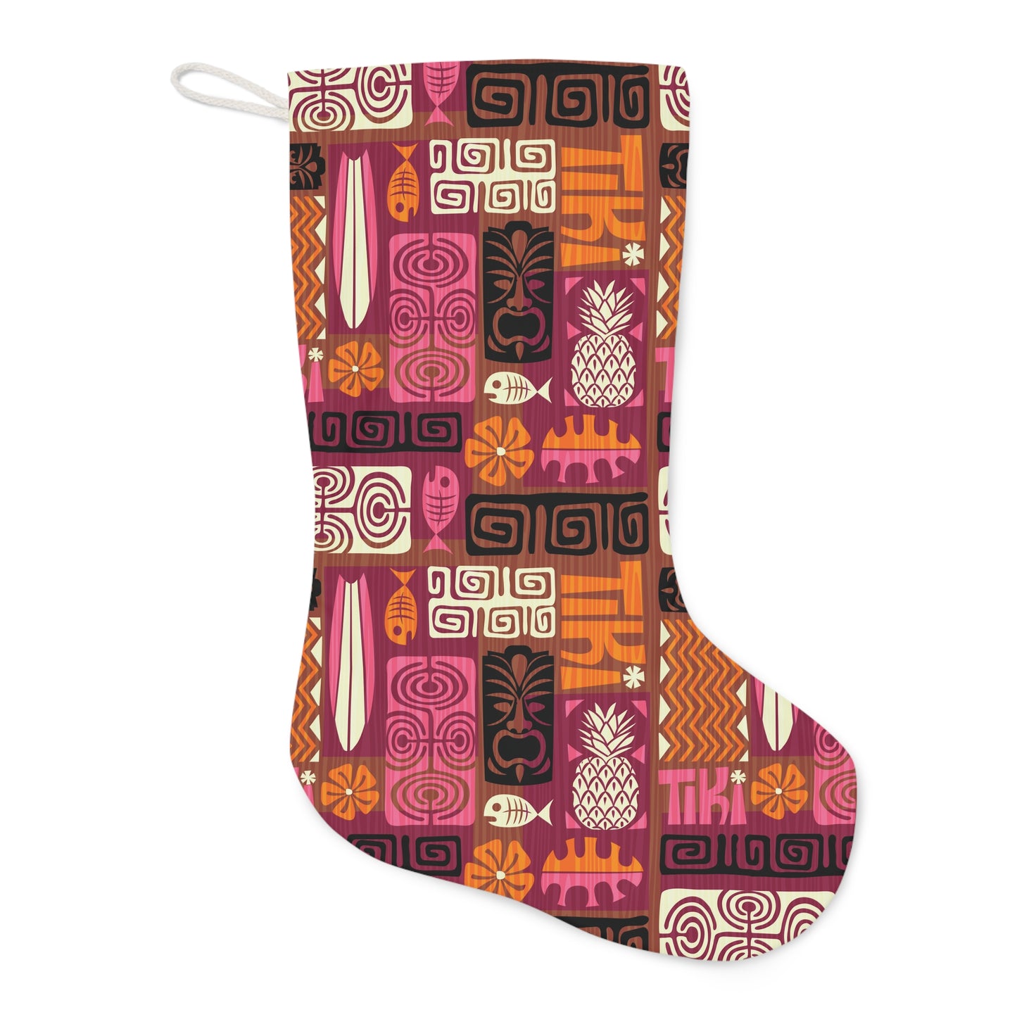 Retro Tiki Christmas 60s Vibes Mid Century Modern Brown, Orange, Pink Holiday Stocking