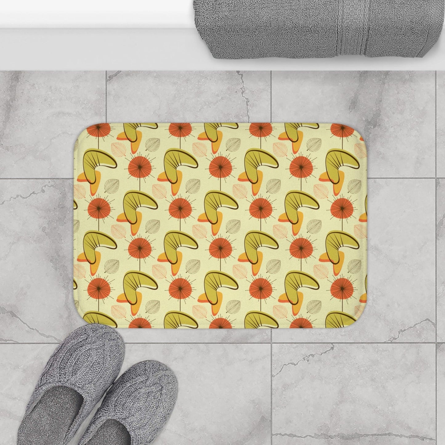 Retro Atomic Boomerangs & Leaves MCM Orange, Green & Yellow Bath Mat | lovevisionkarma.com