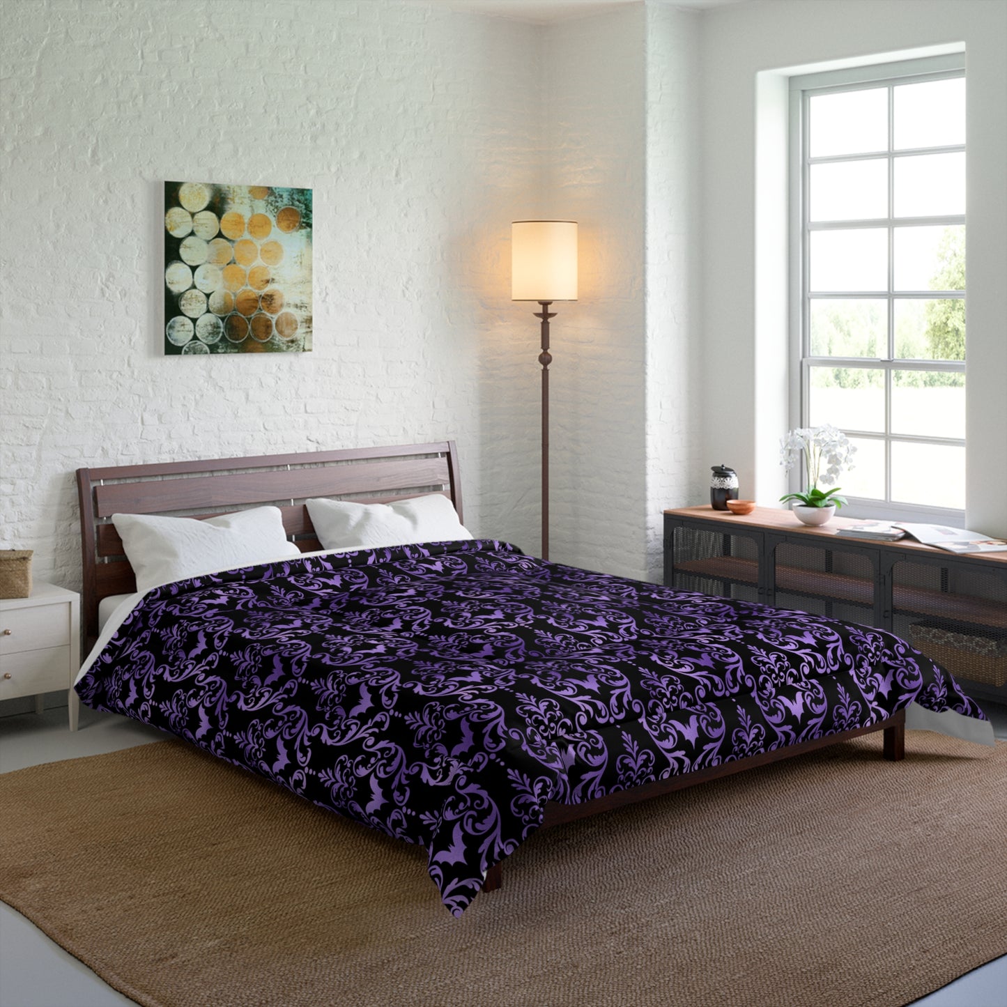 Goth Damask Purple Bat Halloween Glam Goth Black Comforter