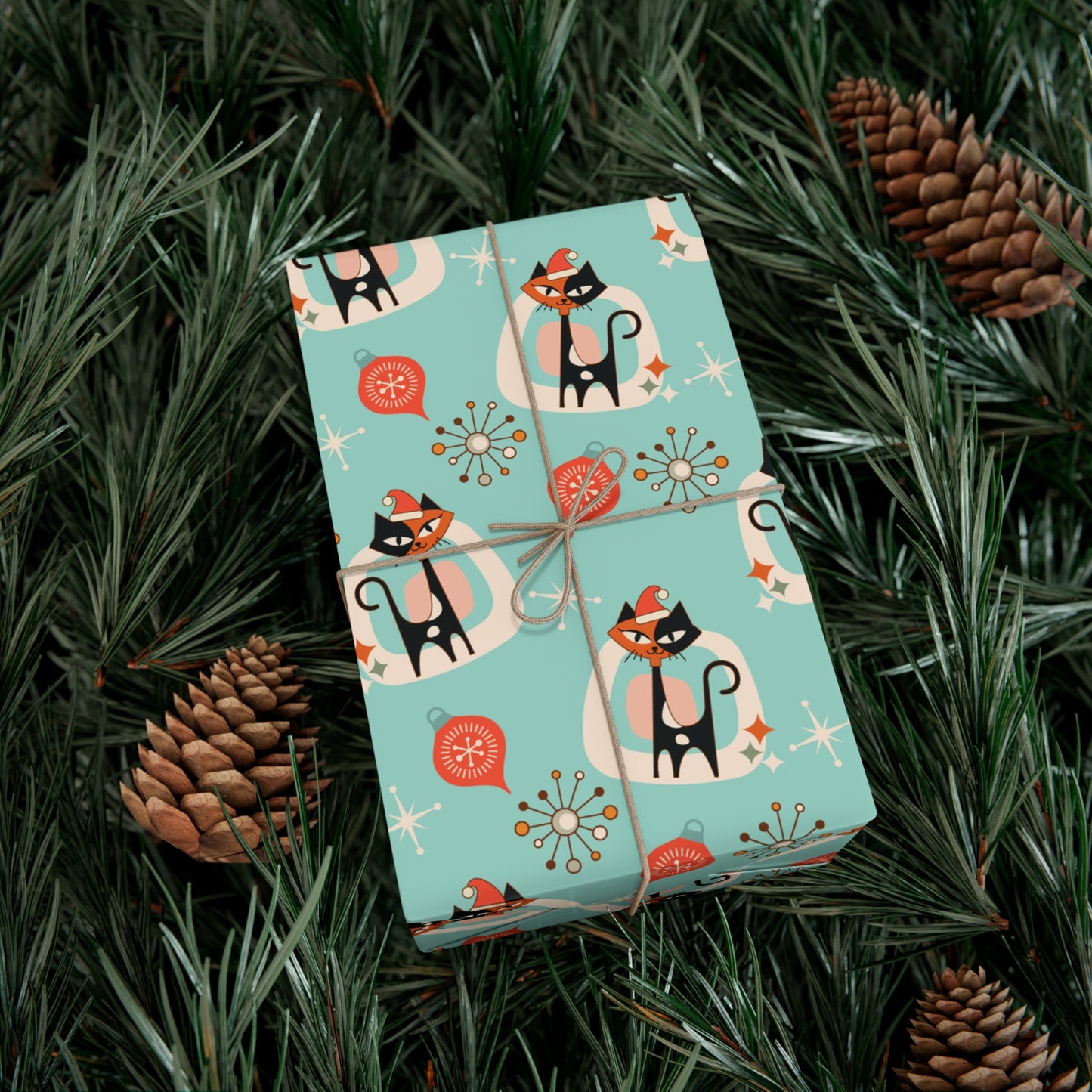 Retro 50's Atomic Cat & Starbursts Kitschy Christmas Mid Century Modern Blue Eco-Friendly Wrapping Paper