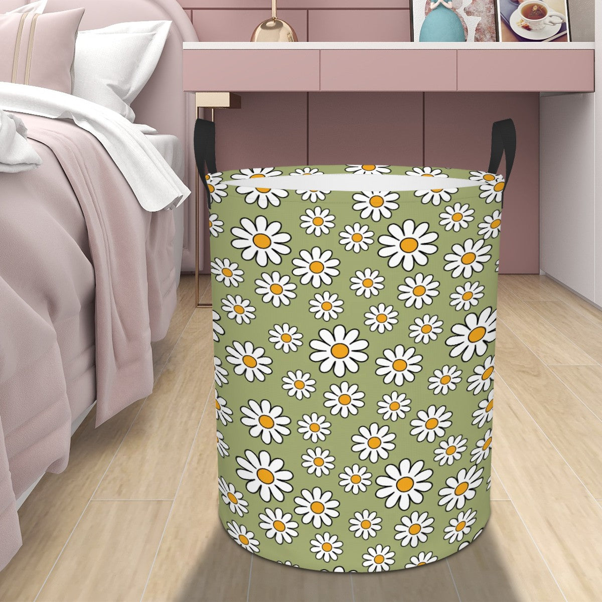 Retro 60s Boho Daisy Sage Green MCM Round Laundry Hamper