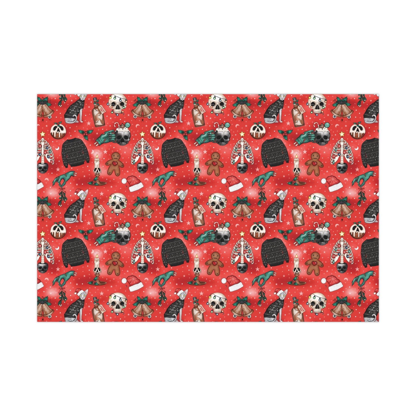 Goth Christmas Kitsch Skulls, Cats & Zombie Hands Red Eco-Friendly Gift Wrap Paper