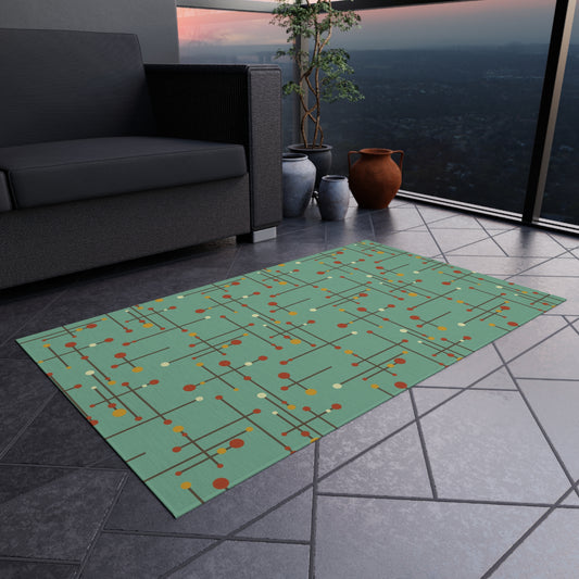 Retro 50's Eames Inspired Mid Century Mod Lines Anti-Slip Teal Blue Indoor/Outdoor Accent Rug