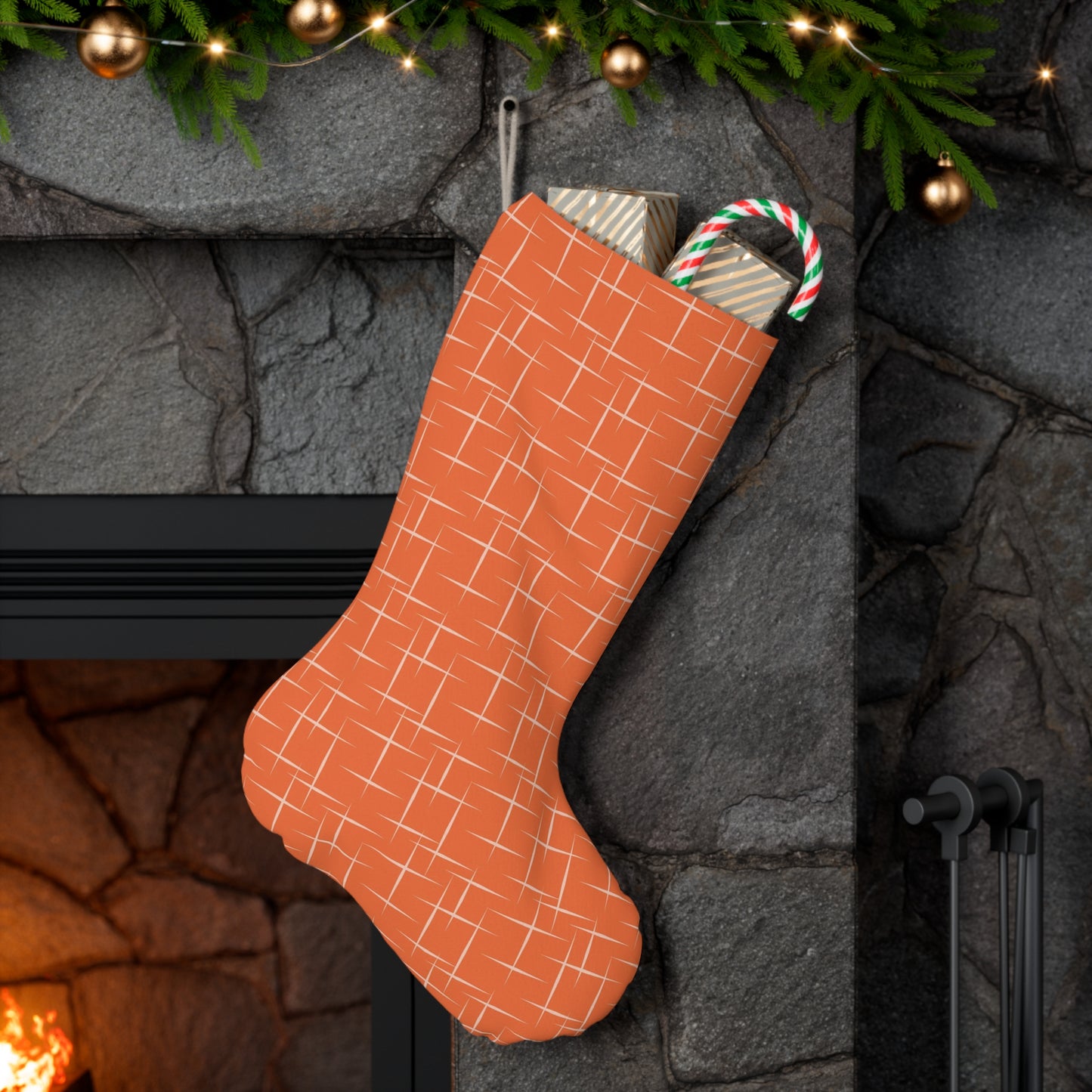 Retro 50s 60s Mid Century Modern Lines Orange Christmas Stocking