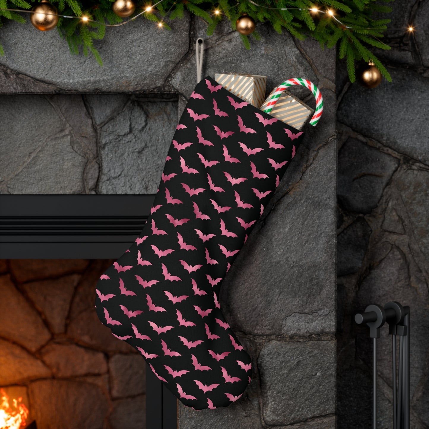 Pink Bats Glam Goth Christmas, Creepmas, Black Gothmas Holiday Stocking