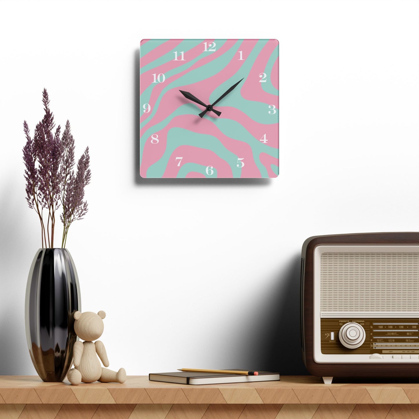 Groovy 60s Hippie Swirl 50s Pink & Green Mid Century Mod Acrylic Wall Clock