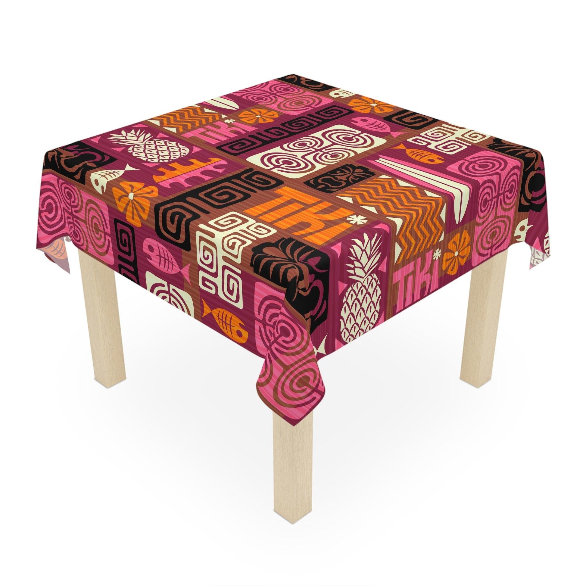 Tiki Retro 60s Mid Century Modern Orange, Brown & Pink Tablecloth | lovevisionkarma.com