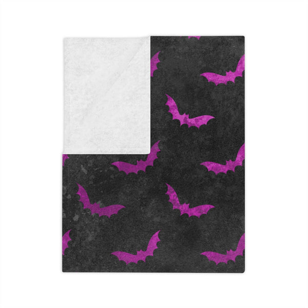 Purple Bats Creepy Halloween Distressed Black Velveteen Minky Blanket