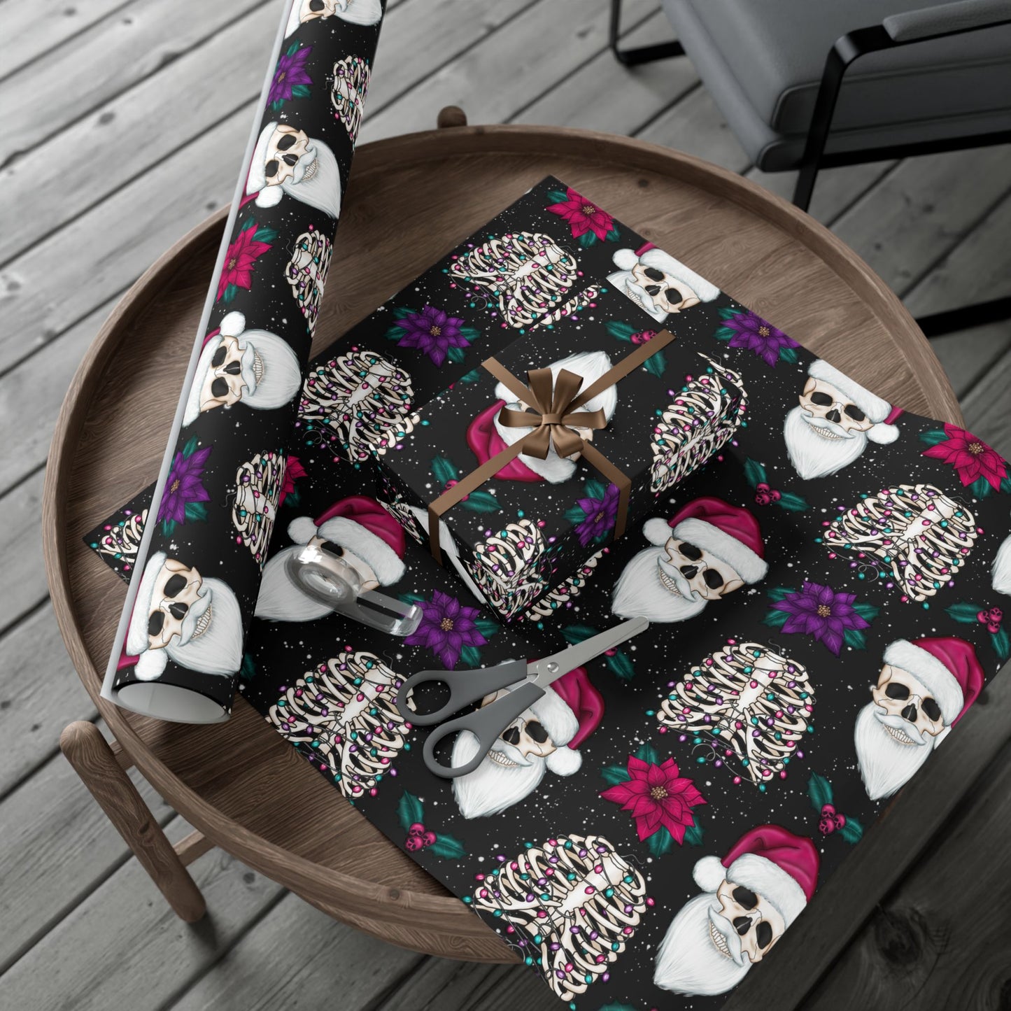 Santa Skull Goth Christmas Eco-Friendly Black Wrapping Paper, Kitschy Creepmas Whimsigoth