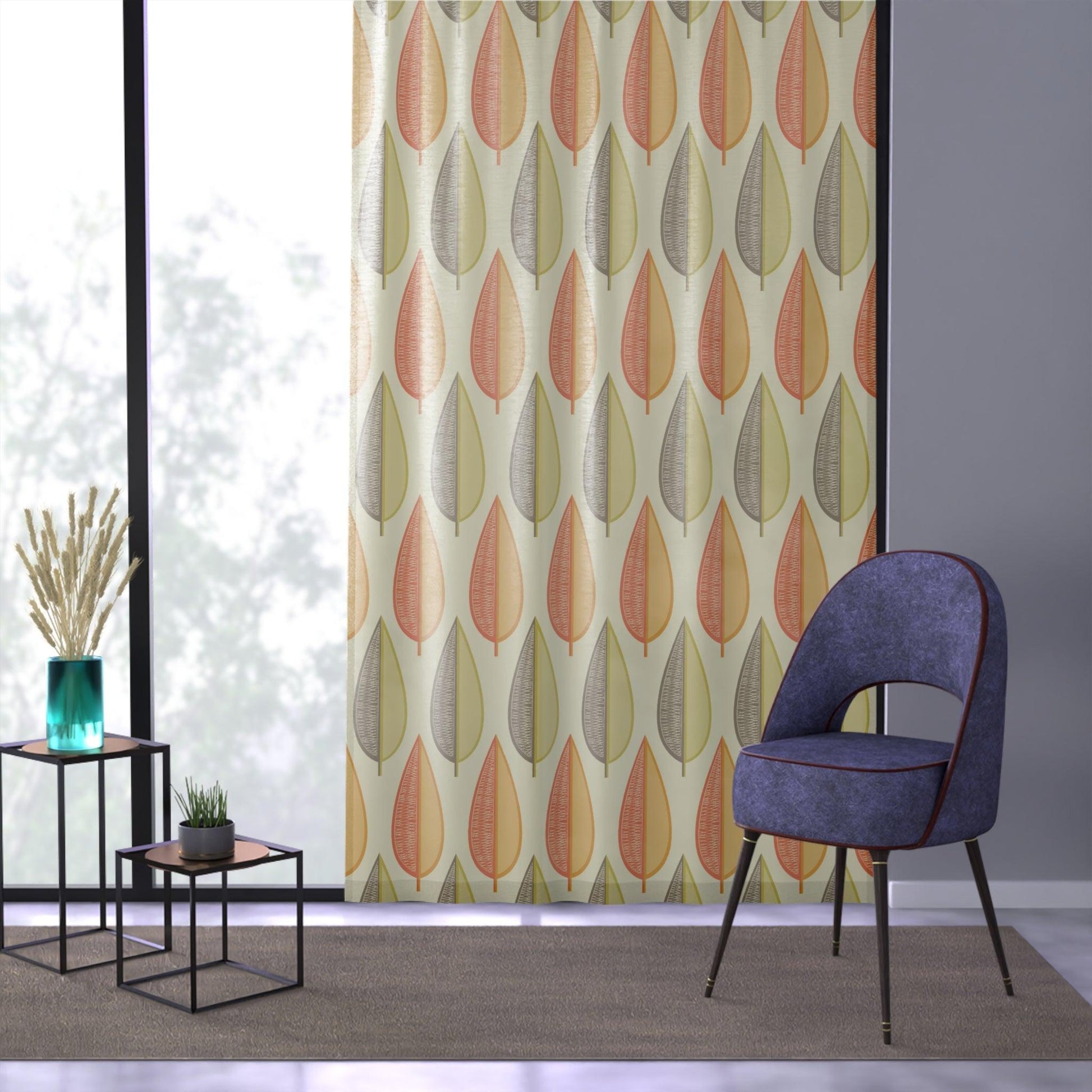 Mid Century Modern Leaves Orange, Green and Cream Sheer Window Curtain | lovevisionkarma.com