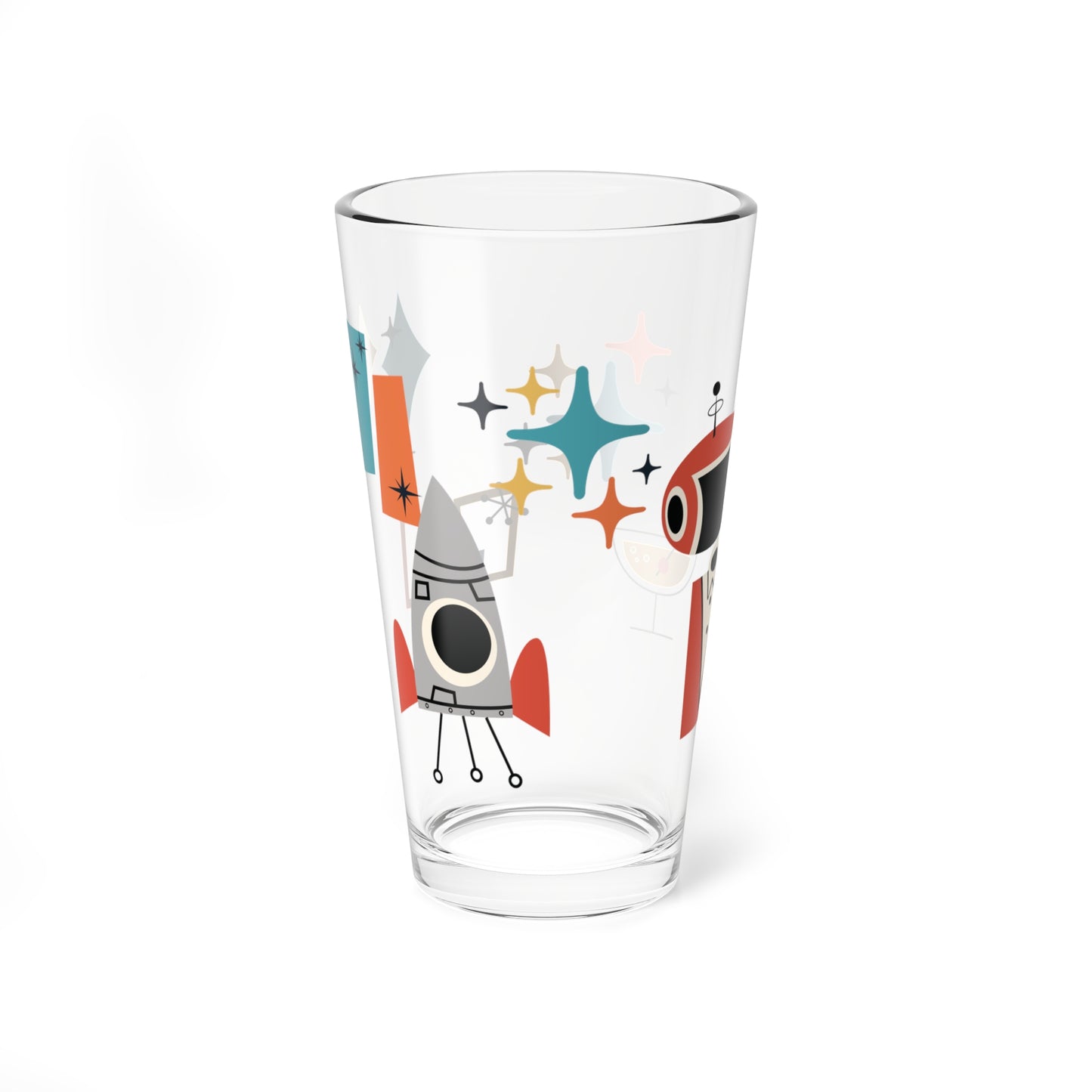 Retro 50s Atomic Age Space Man Mid Century Mod Multicolor Pint Glass