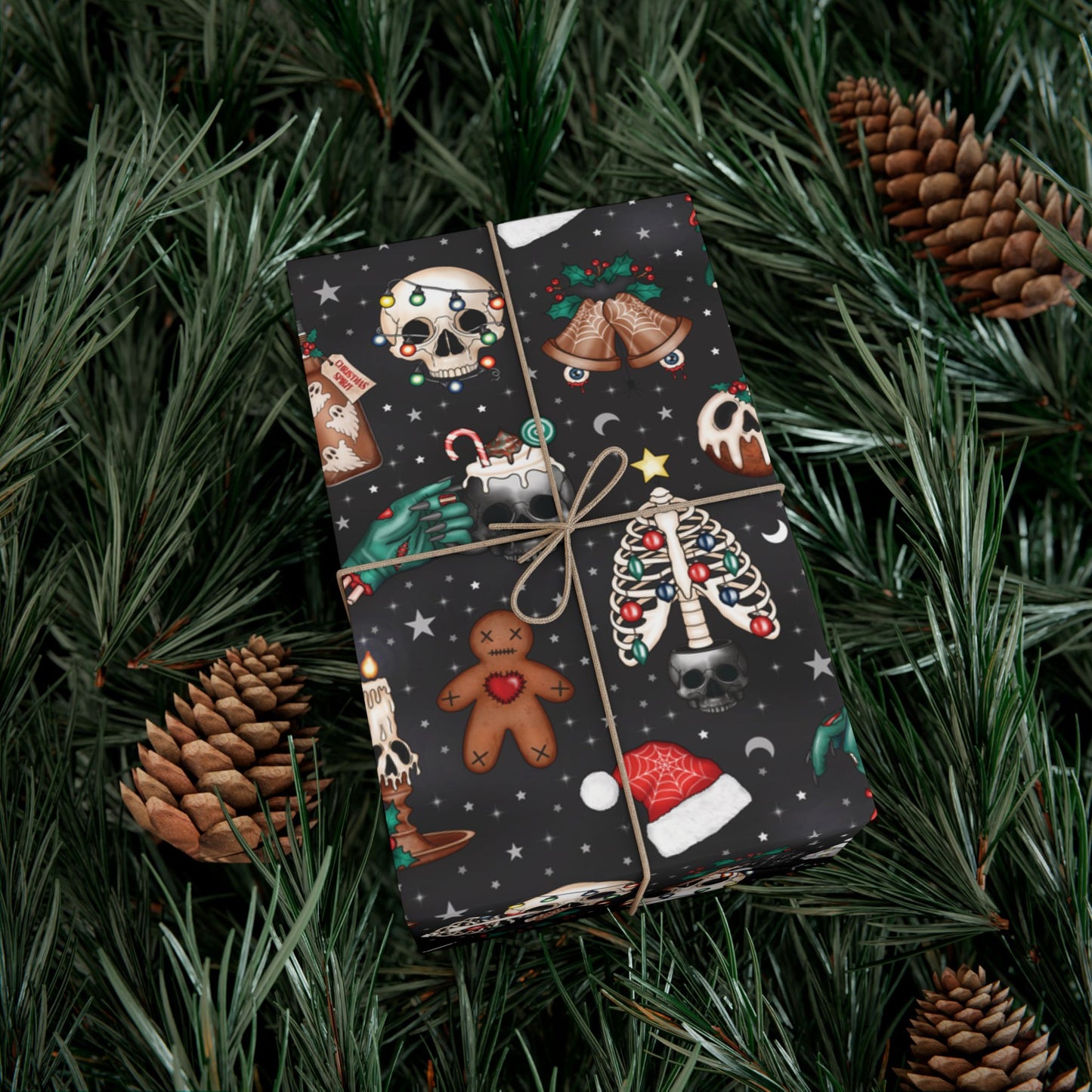 Kitschy Kawaii Goth Christmas, Creepy Cute Whimsigoth Creepmas Black Eco-Friendly Gift Wrap Paper