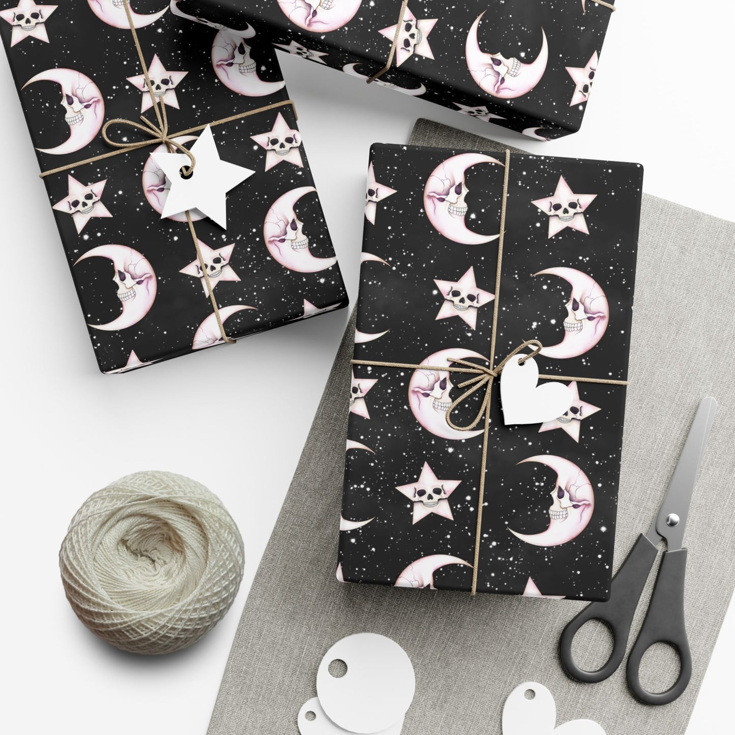 Goth Christmas Celestial Moon & Stars, Whimsical Kawaii Creepmas Black Eco-Friendly Gift Wrap