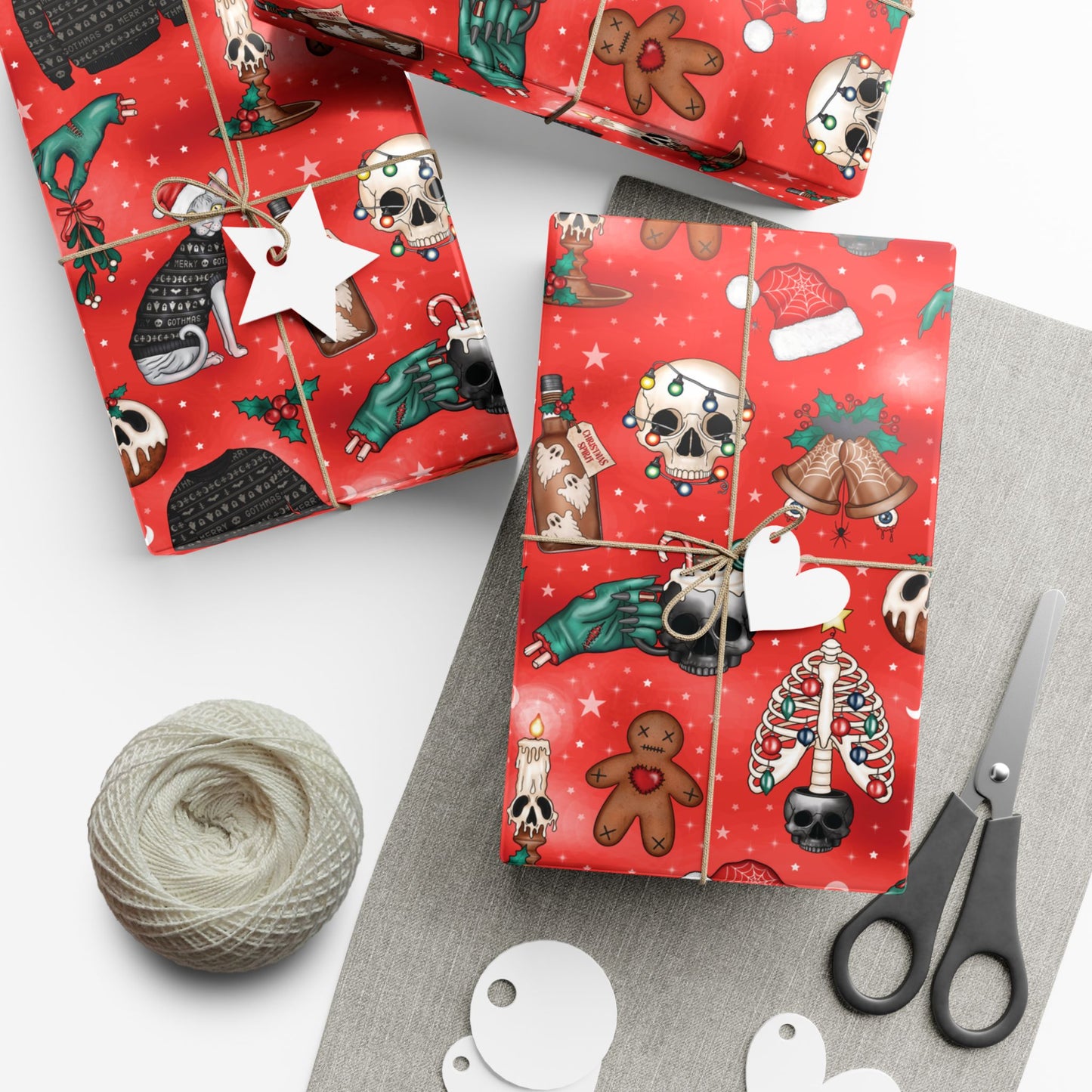 Goth Christmas Kitsch Skulls, Cats & Zombie Hands Red Eco-Friendly Gift Wrap Paper