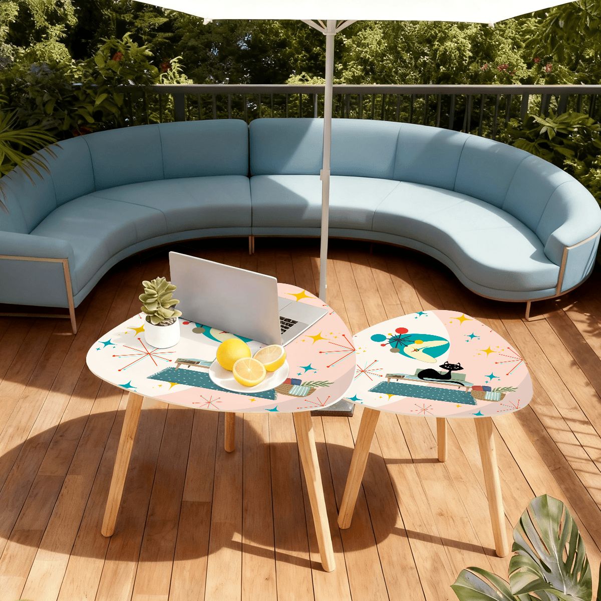 Retro 50's Lounging Atomic Black Cat & Starbursts Mid Century Mod Multicolor Nesting Accent Tables