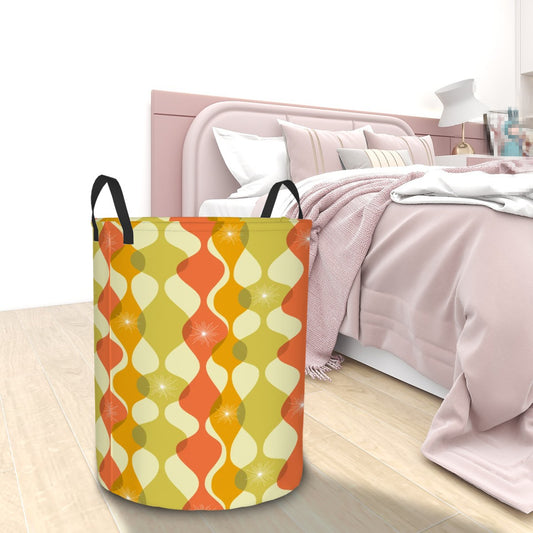 Retro 60s 70s Mid Century Mod Groovy Abstract Green, Orange & Mustard Round Laundry Hamper