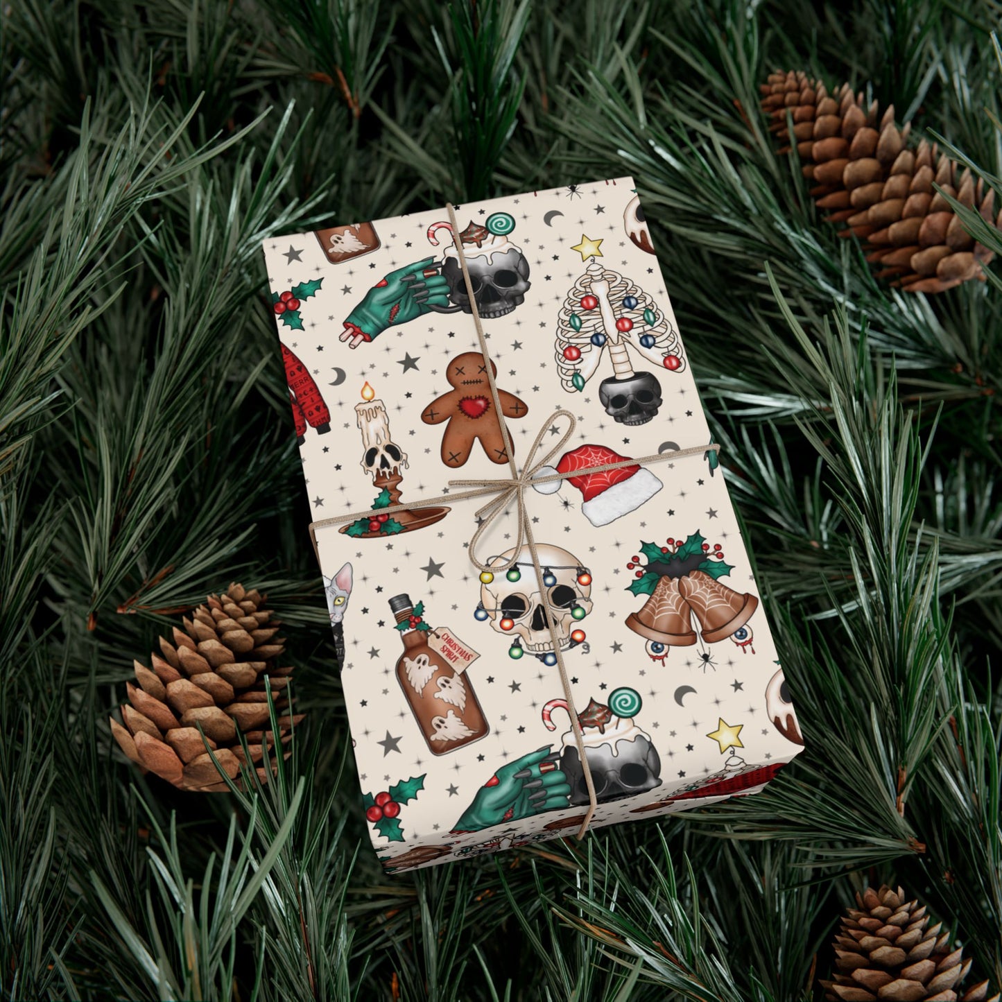Goth Christmas Kitsch Skulls, Cats & Zombie Hands Multicolor Eco-Friendly Gift Wrap Paper