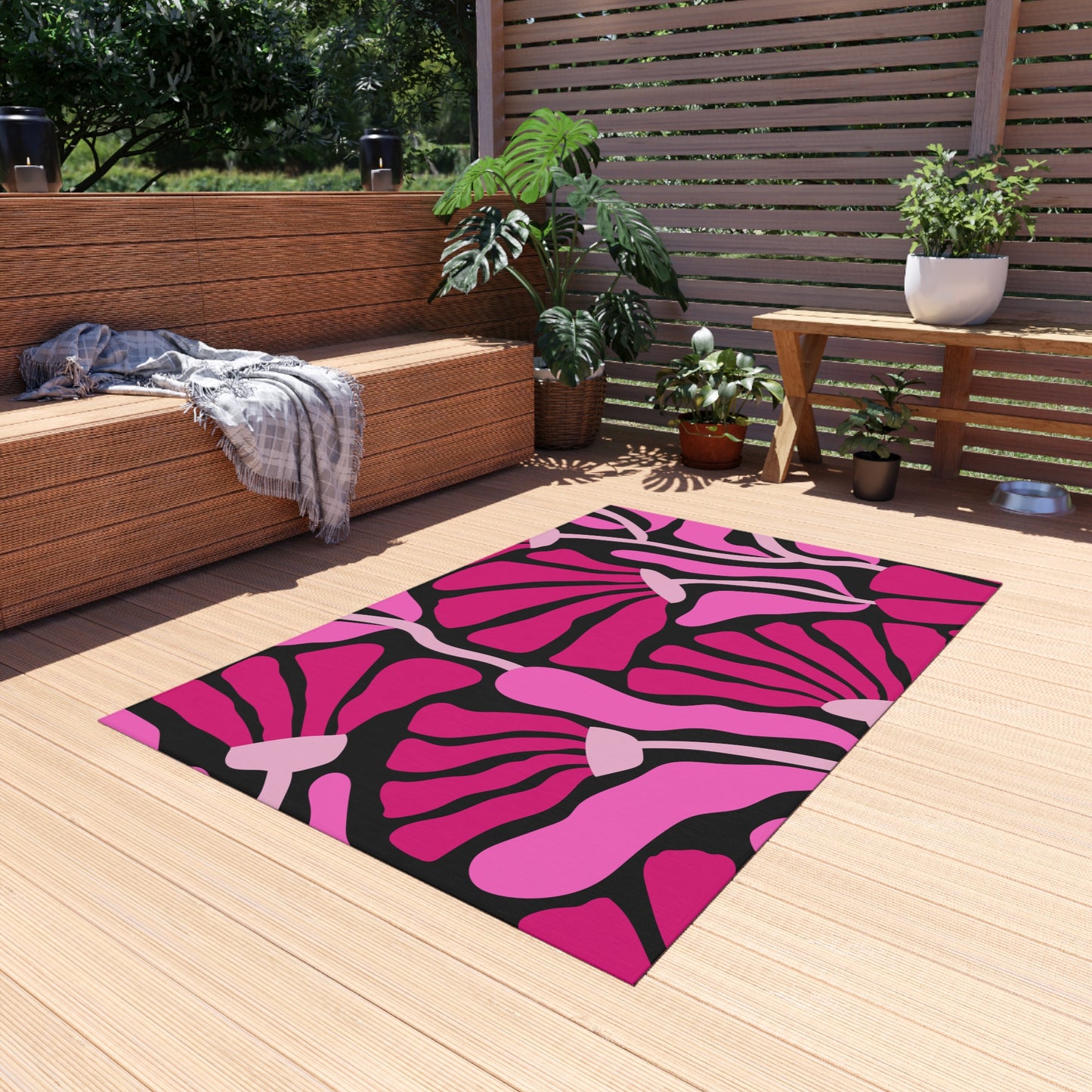 Groovy Abstract Pink Minimalist Retro Mod Flowers Indoor/Outdoor Accent Rug