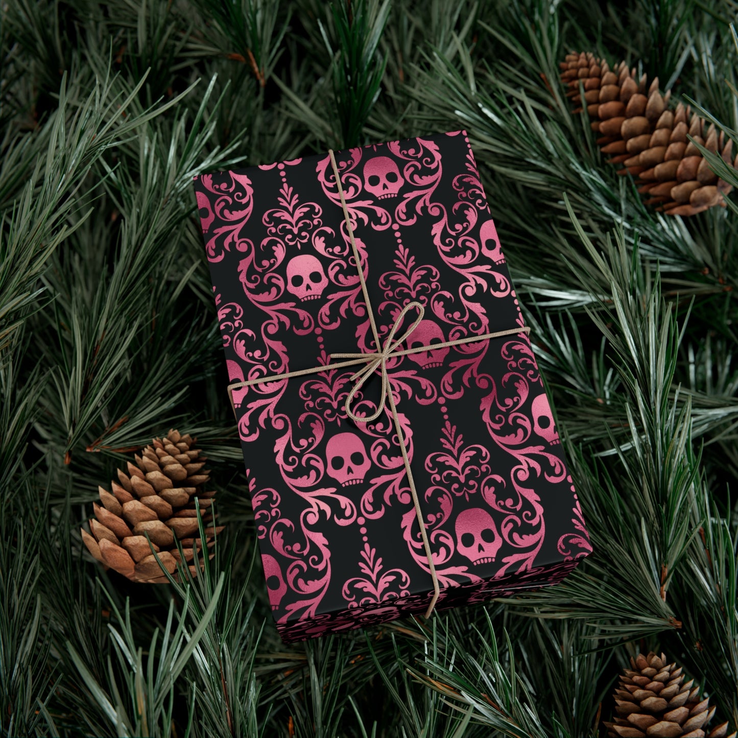 Pink Damask Skulls, Victorian Goth, Dark Academia, Goth Christmas & Creepmas Glam Black Eco-Friendly Gift Wrap Paper