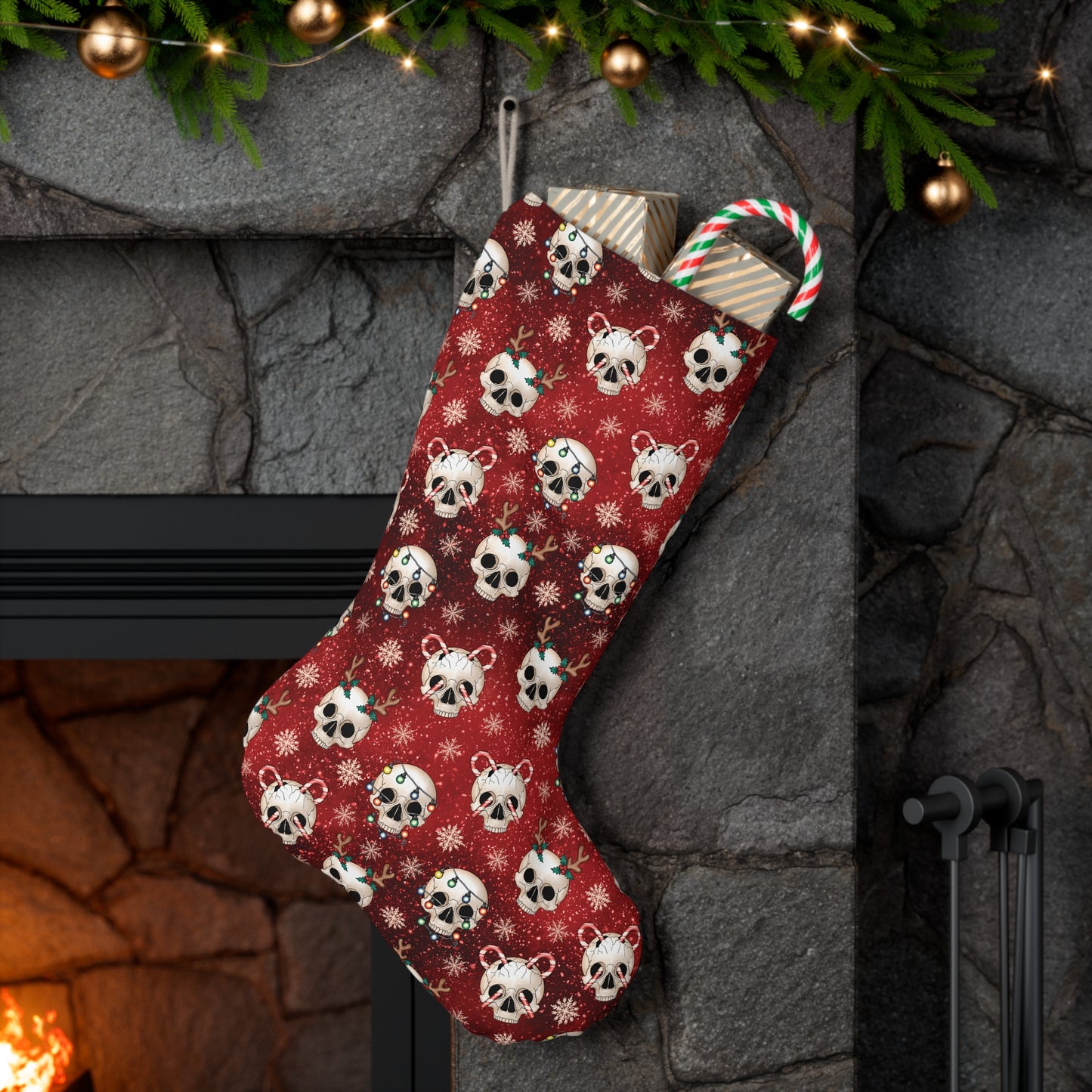 Goth Christmas Festive Skulls, Kitschy Creepmas Red Gothmas Holiday Stocking