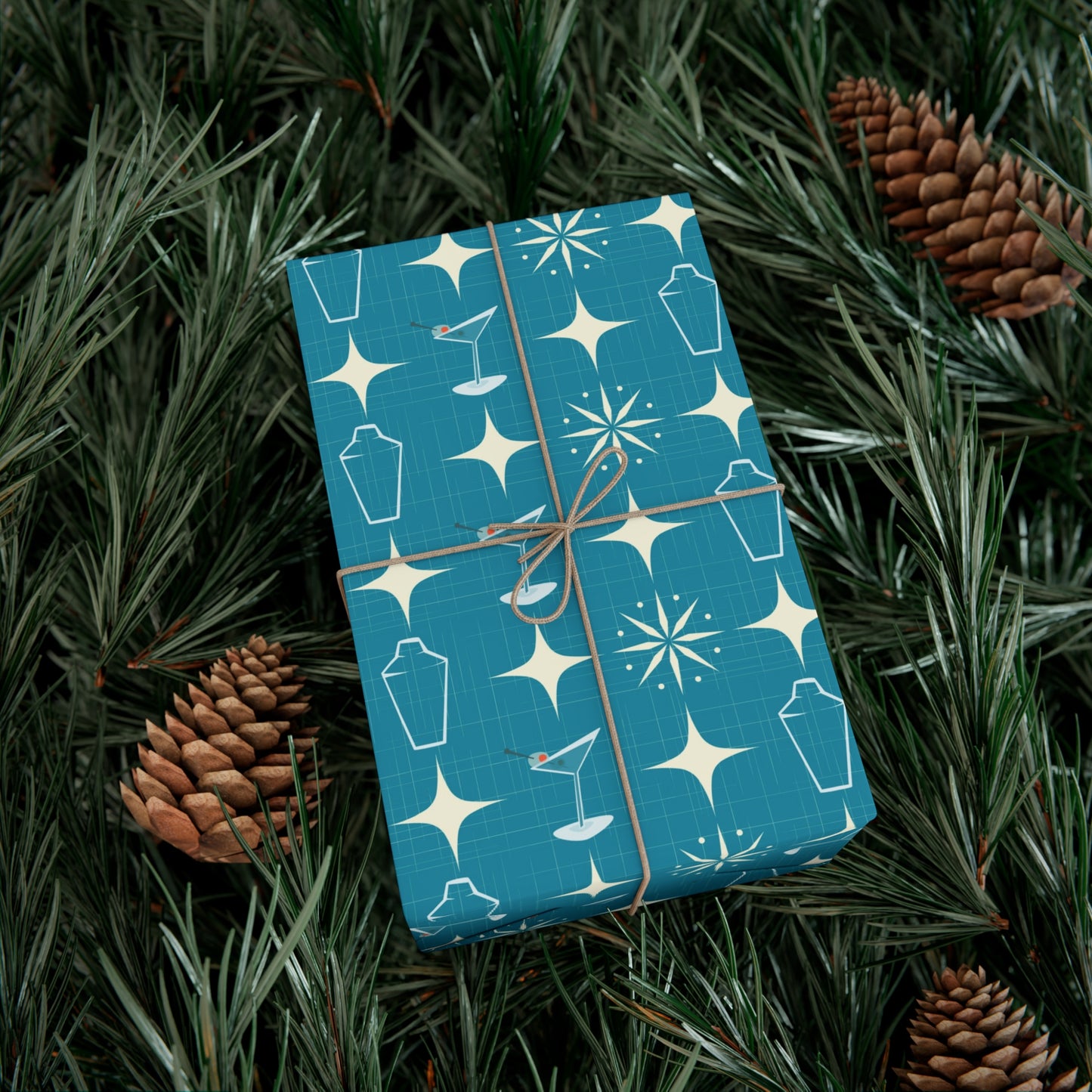 Retro 50's Atomic Starburst & Martinis Mid Century Mod Blue Eco-Friendly Gift Wrap