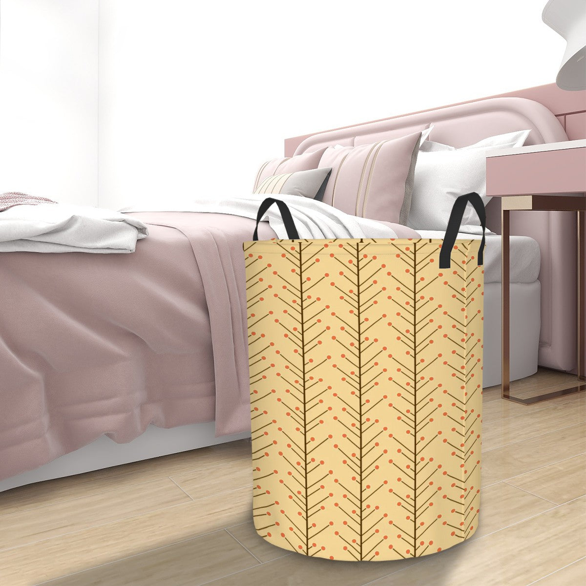 Retro 50s Mid Century Mod, Minimalist Scandi Trees, Vines Yellow Beige Round Laundry Hamper