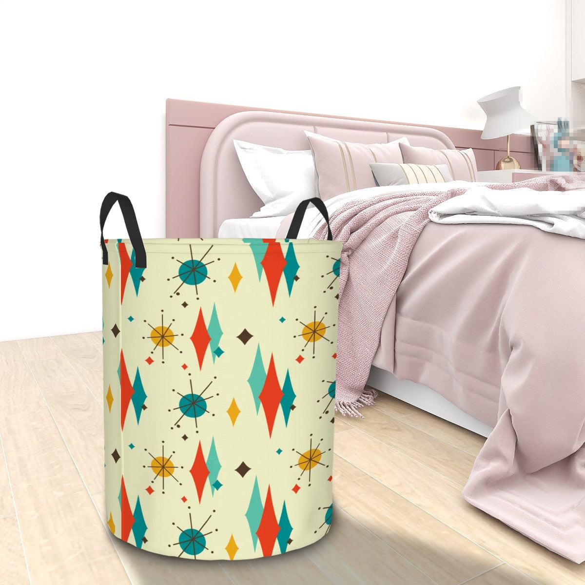 Retro 1950's Atomic Diamond and Starburst Colorful Mid Century Modern Round Laundry Hamper