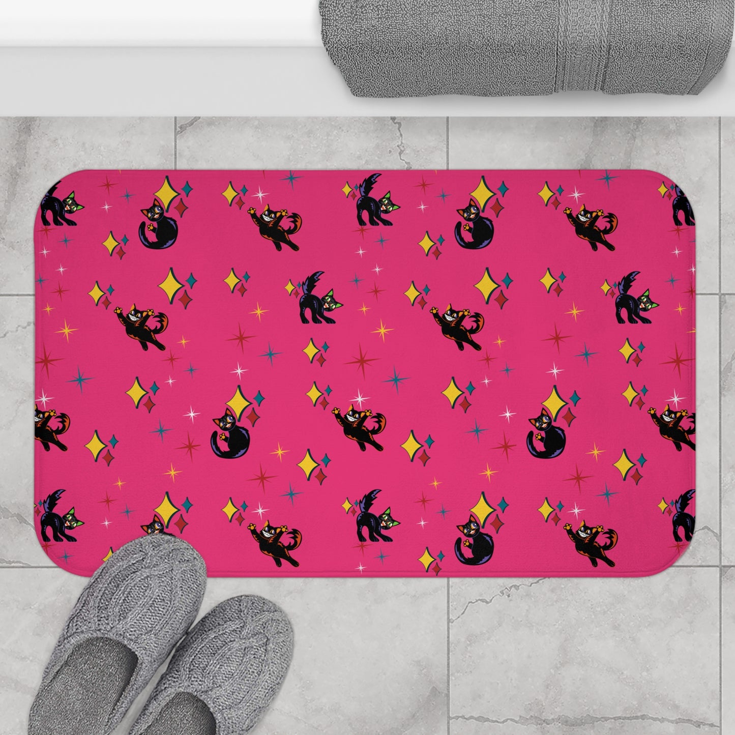 Retro Atomic Kitsch Cats Mid Century Mod Pink Bath Mat