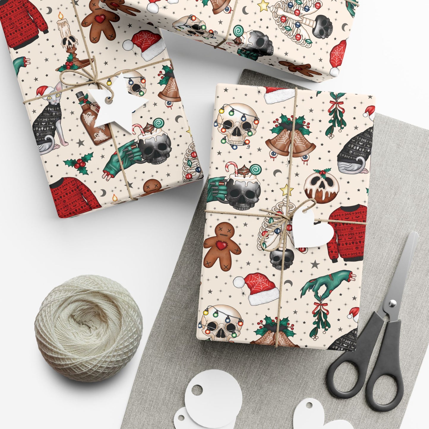 Goth Christmas Kitsch Skulls, Cats & Zombie Hands Multicolor Eco-Friendly Gift Wrap Paper