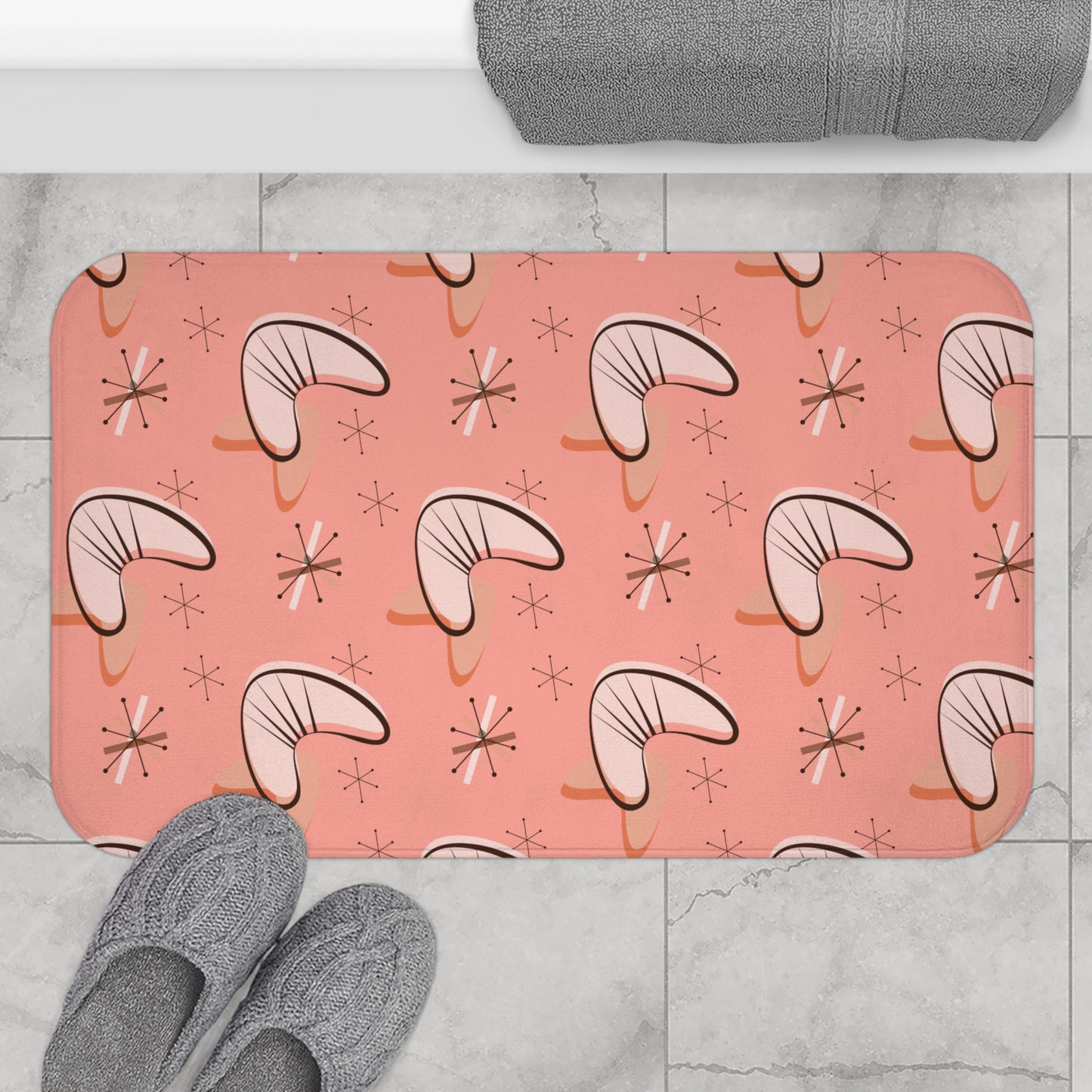 Retro 50s Pink Atomic Starburst and Boomerang MCM Bath Mat