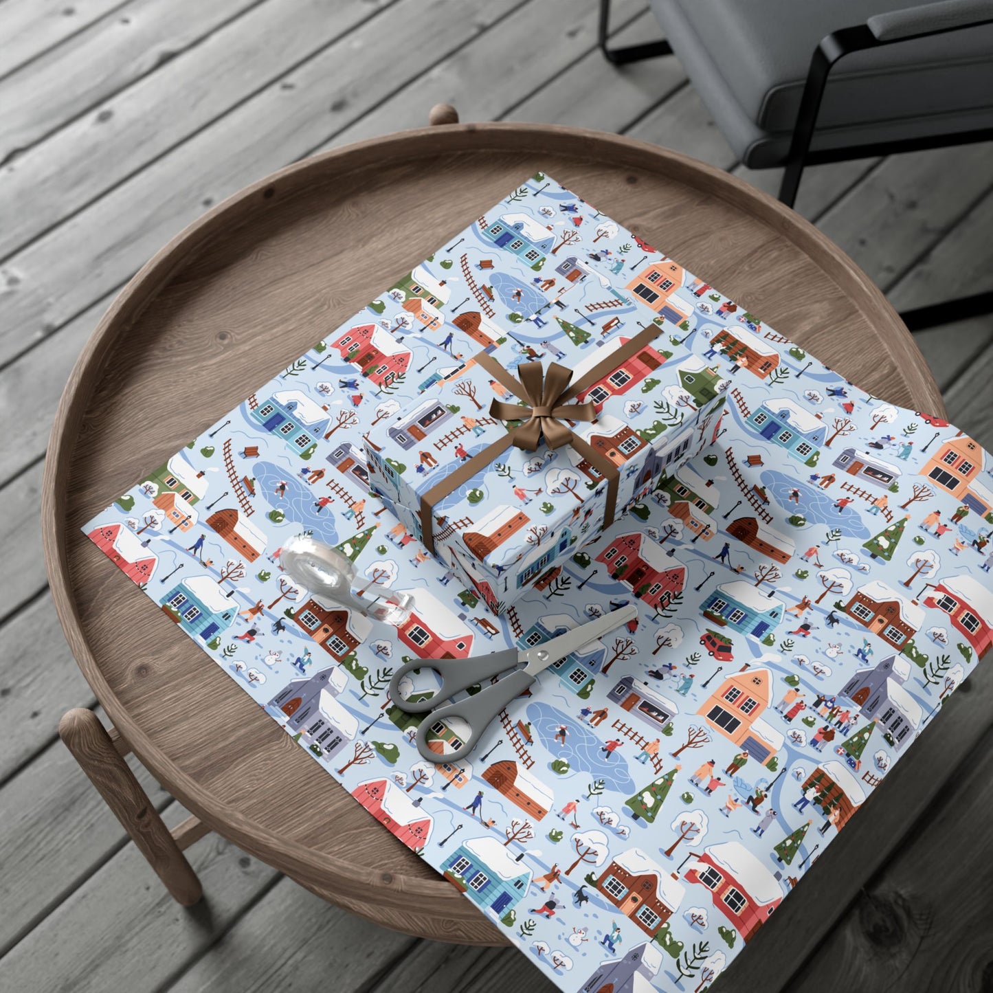 Small Town Christmas Village, Retro Vintage Winter Scene, Multicolor Eco-Friendly Gift Wrap