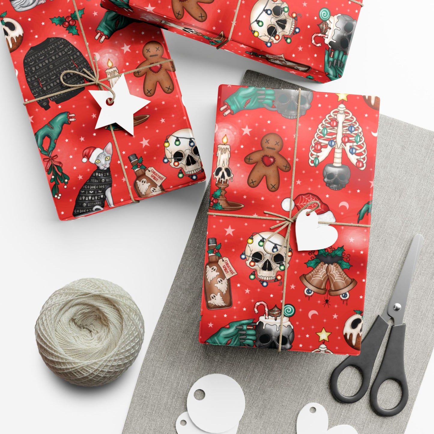 Goth Christmas Kitsch Skulls, Cats & Zombie Hands Red Eco-Friendly Gift Wrap Paper