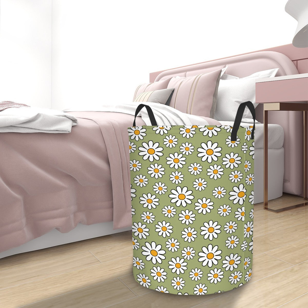 Retro 60s Boho Daisy Sage Green MCM Round Laundry Hamper