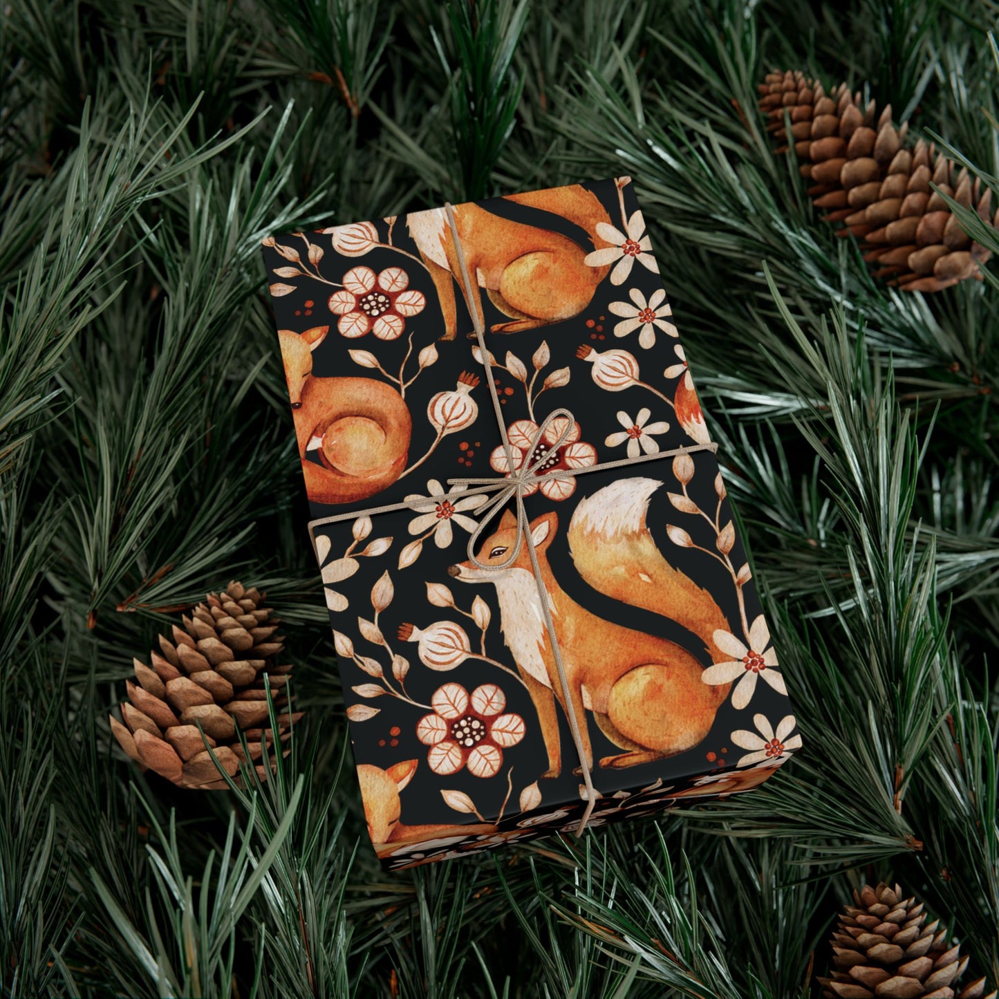 Enchanted Woodland Fox, Floral Dark Cottagecore Watercolor Style, Black Eco-Friendly Gift Wrap