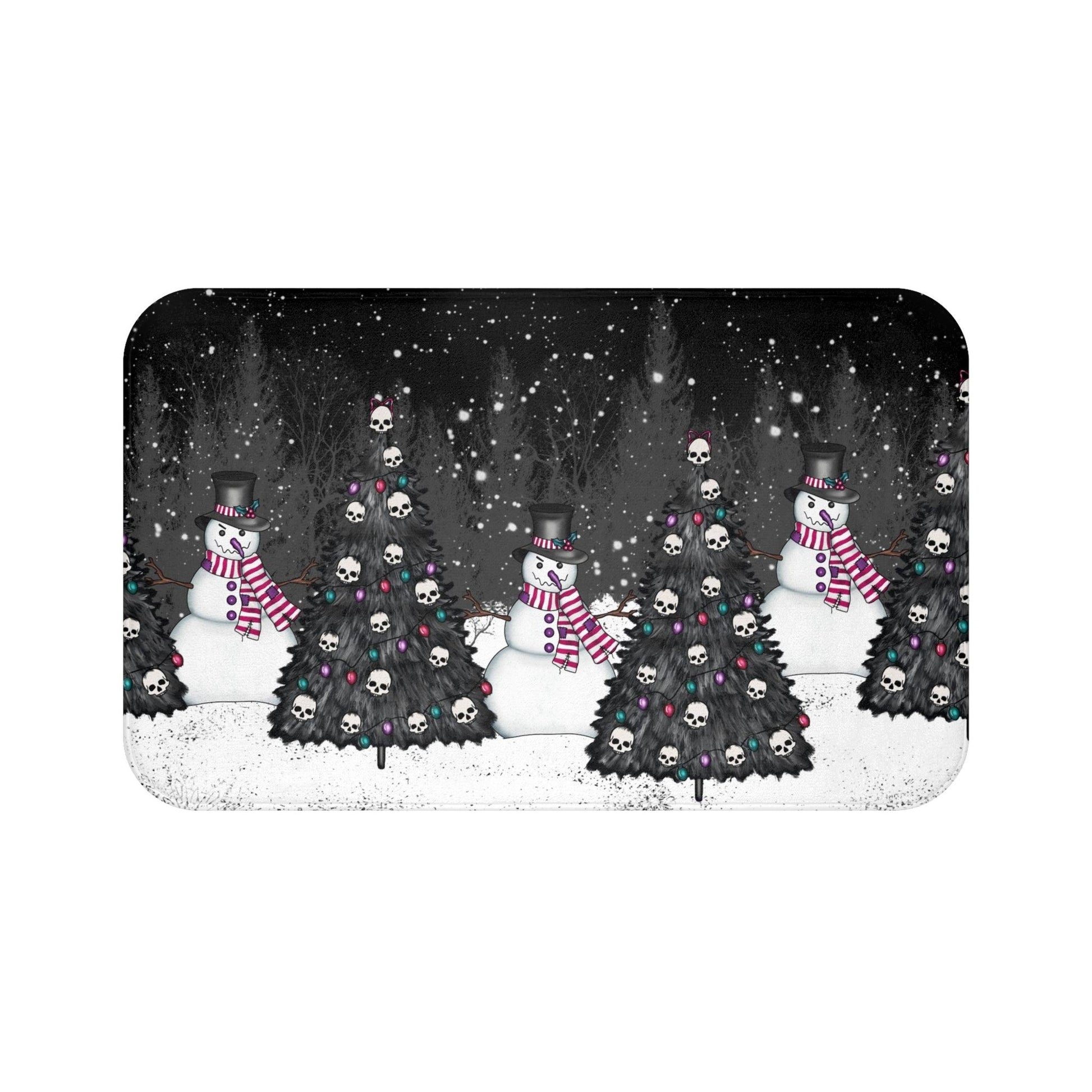 Creepy Snowmen Goth Christmas Tree Farm, Black Holiday Bath Mat | lovevisionkarma.com