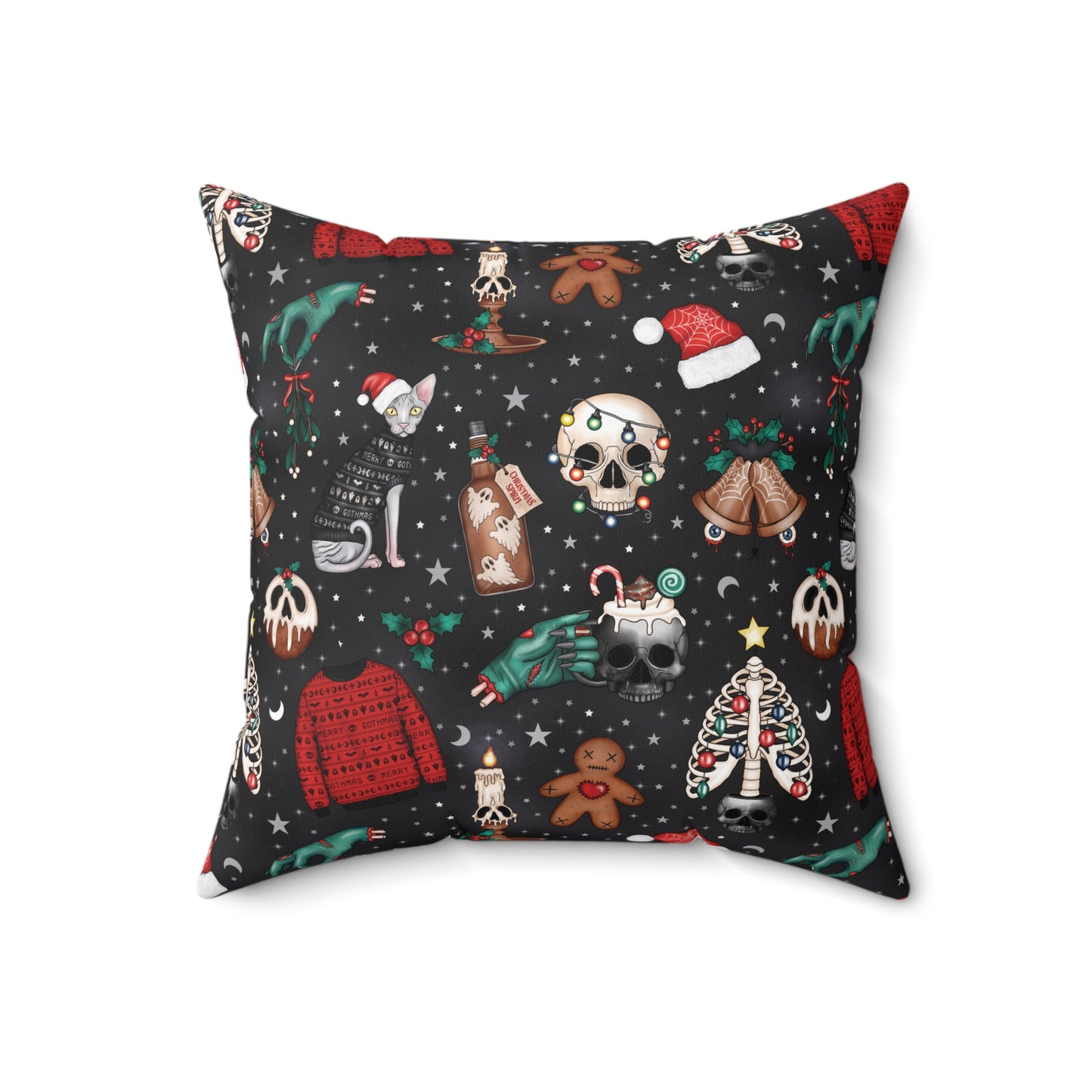 Kitschy Kawaii Goth Christmas, Creepy Cute Whimsigoth Black Creepmas Accent Pillow