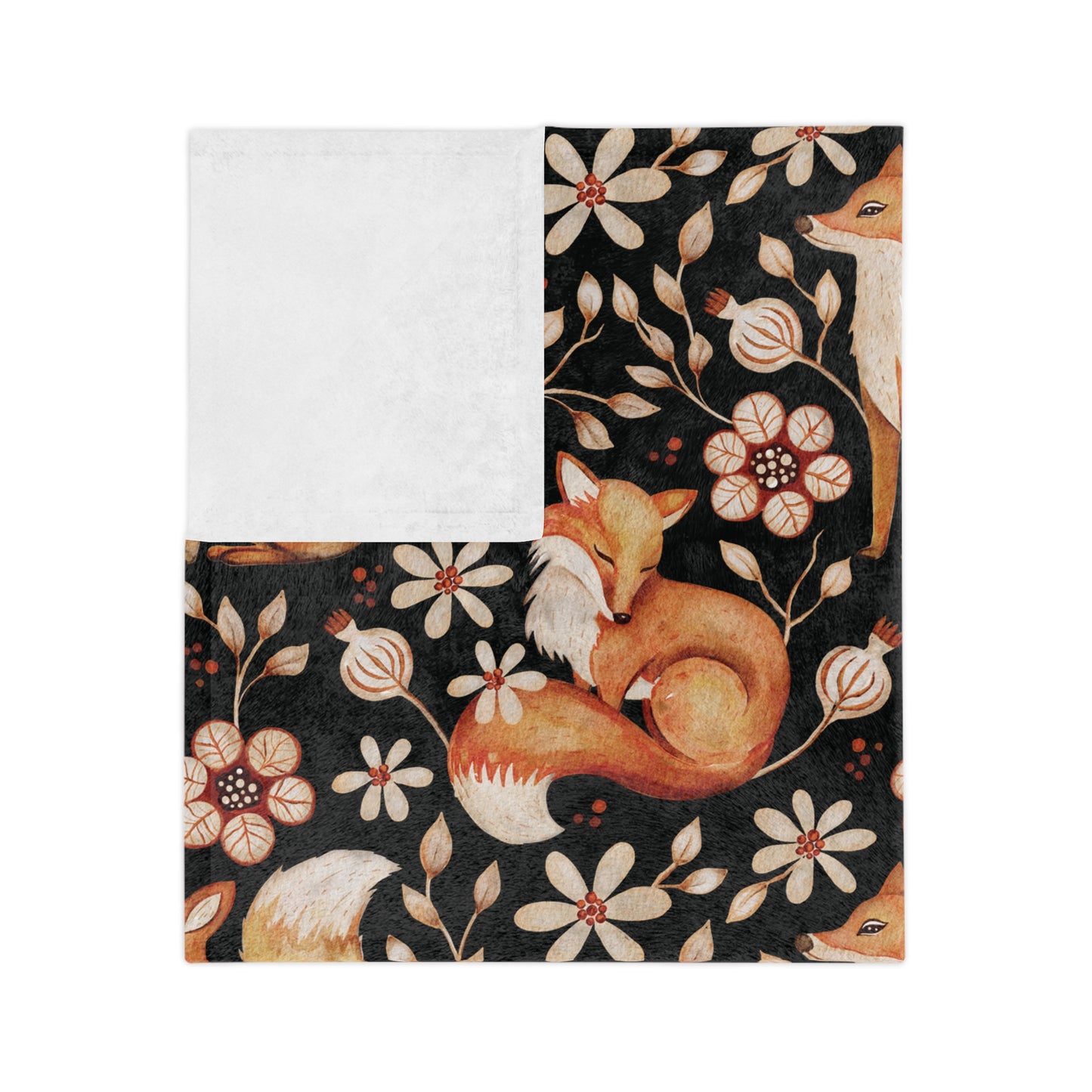 Enchanted Woodland Fox, Floral Dark Cottagecore Watercolor Style, Black Velveteen Microfiber Blanket