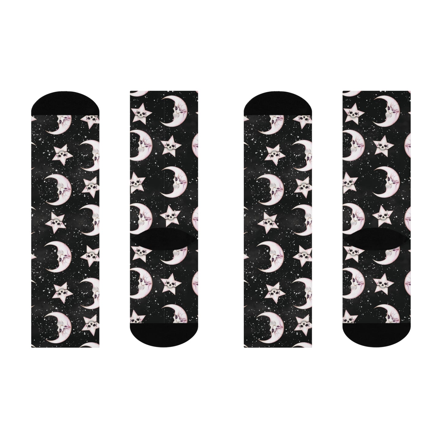 Goth Christmas Celestial Moon & Stars, Whimsical Kawaii Creepmas Black Cushioned Crew Socks