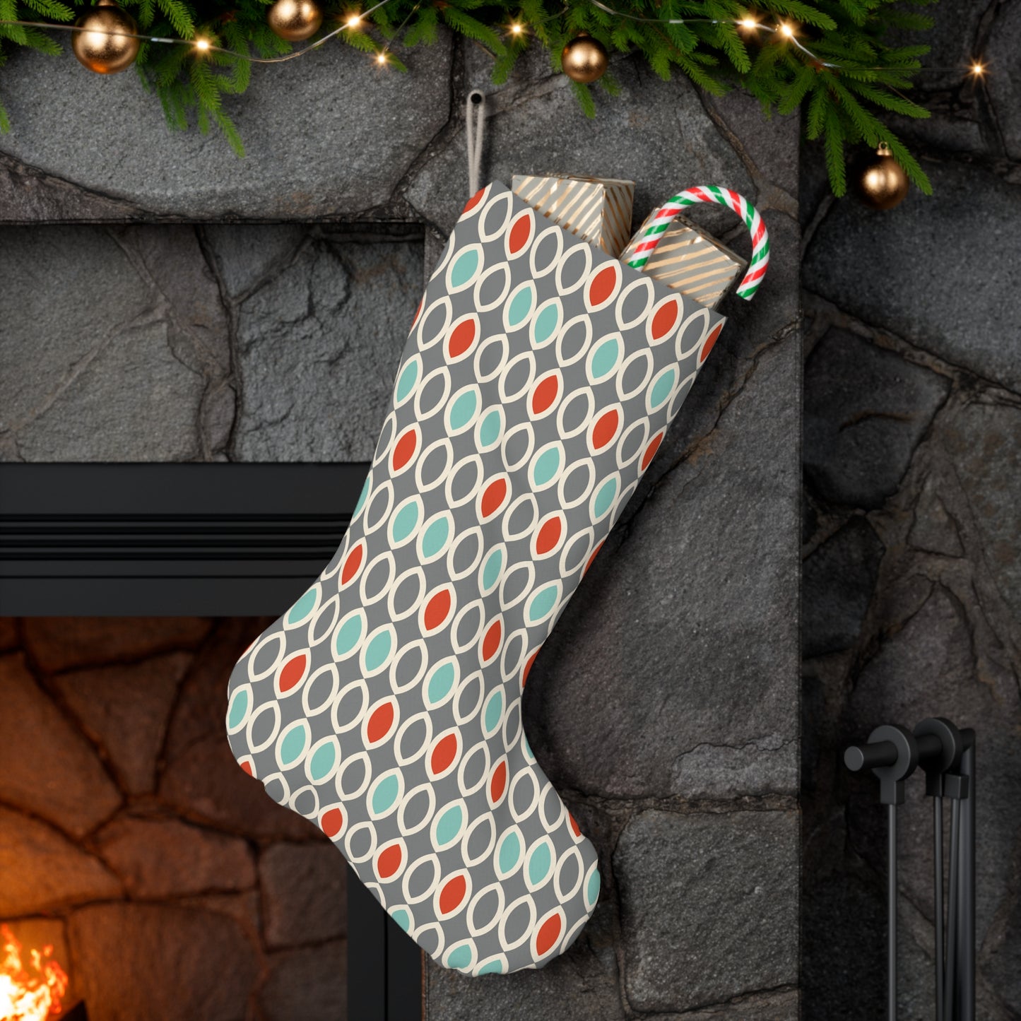 Retro Mid Century Mod Ovals, Gray, Blue and Orange Christmas Stocking