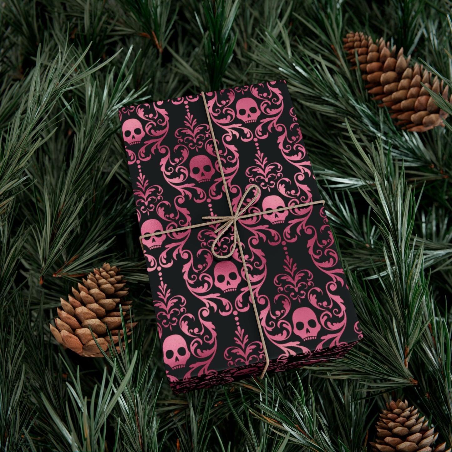 Pink Damask Skulls, Victorian Goth, Dark Academia, Goth Christmas & Creepmas Glam Black Eco-Friendly Gift Wrap Paper