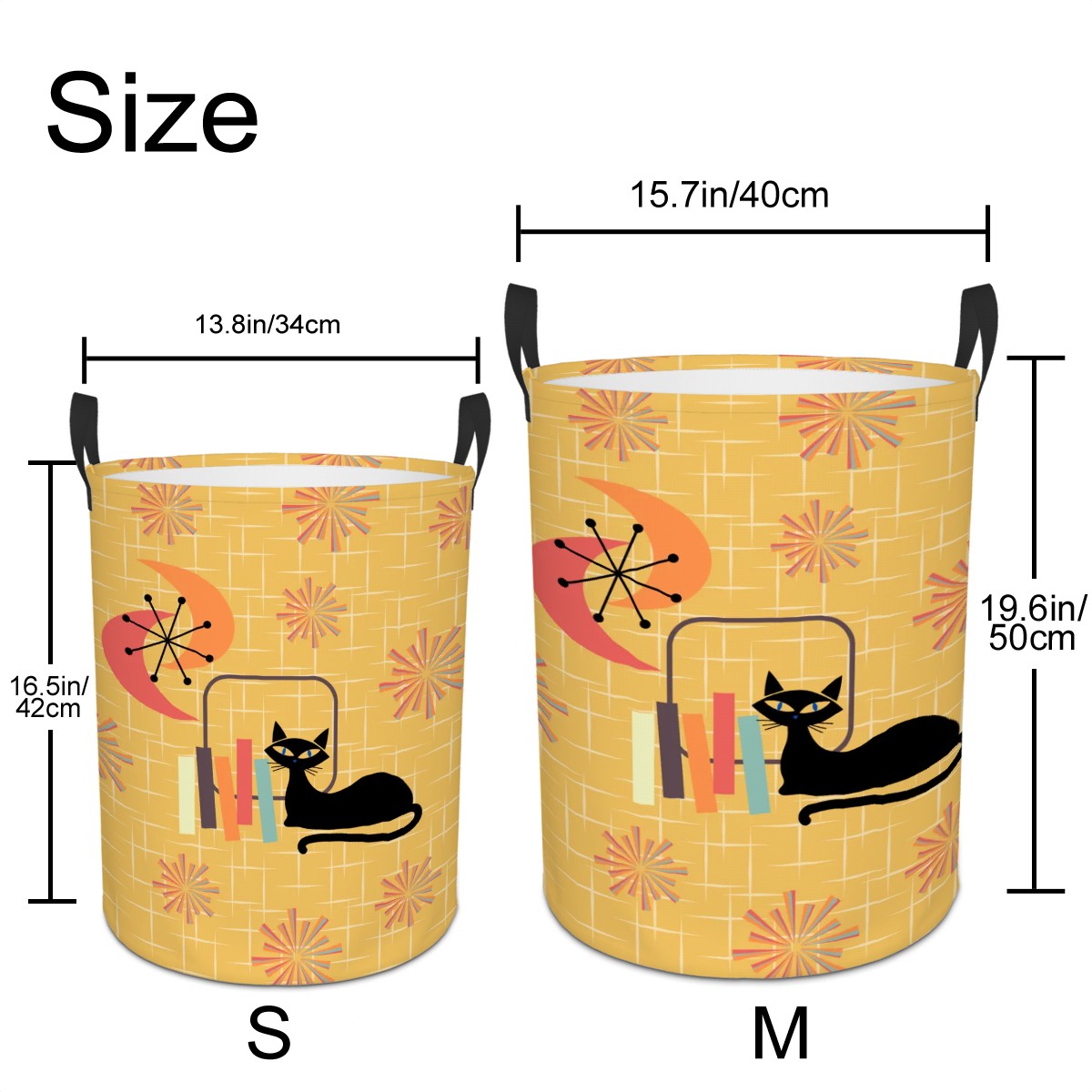 Retro 50s Atomic Cat & Starbursts Yellow Mid Century Mod Round Laundry Hamper