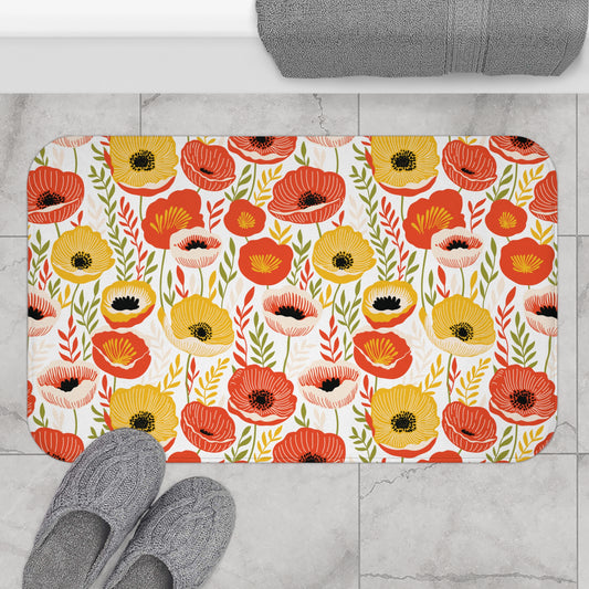 Retro 60s Mid Century Mod Poppies Floral Cottagecore Yellow, Orange & Green Bath Mat