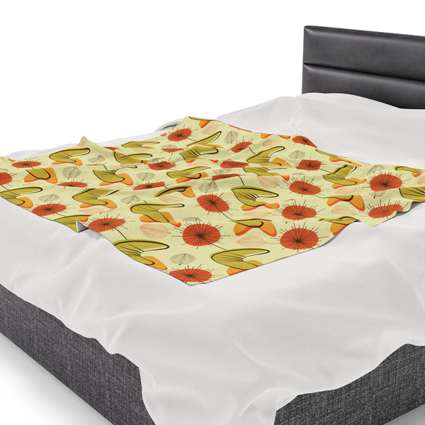 Retro Atomic Boomerangs & Leaves MCM Orange, Green & Yellow Lightweight Velveteen Blanket