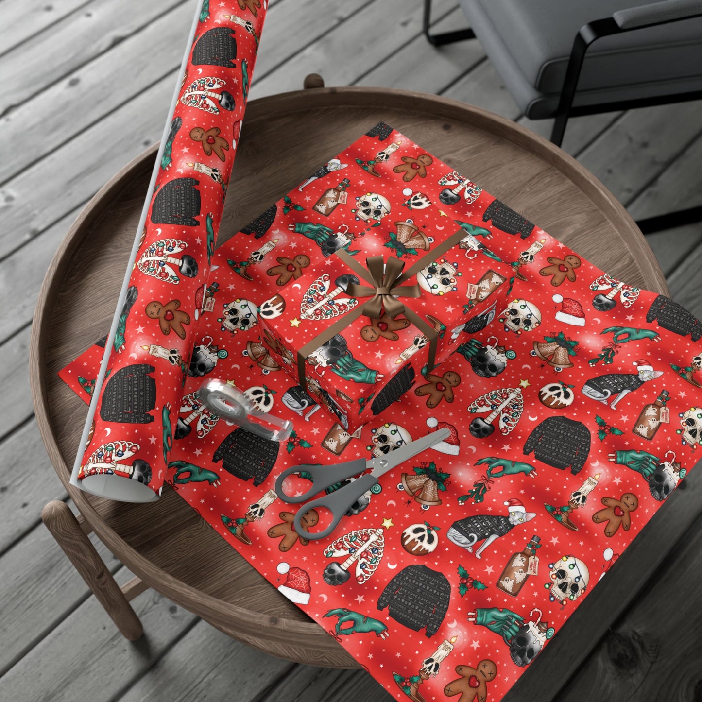 Goth Christmas Kitsch Skulls, Cats & Zombie Hands Red Eco-Friendly Gift Wrap Paper