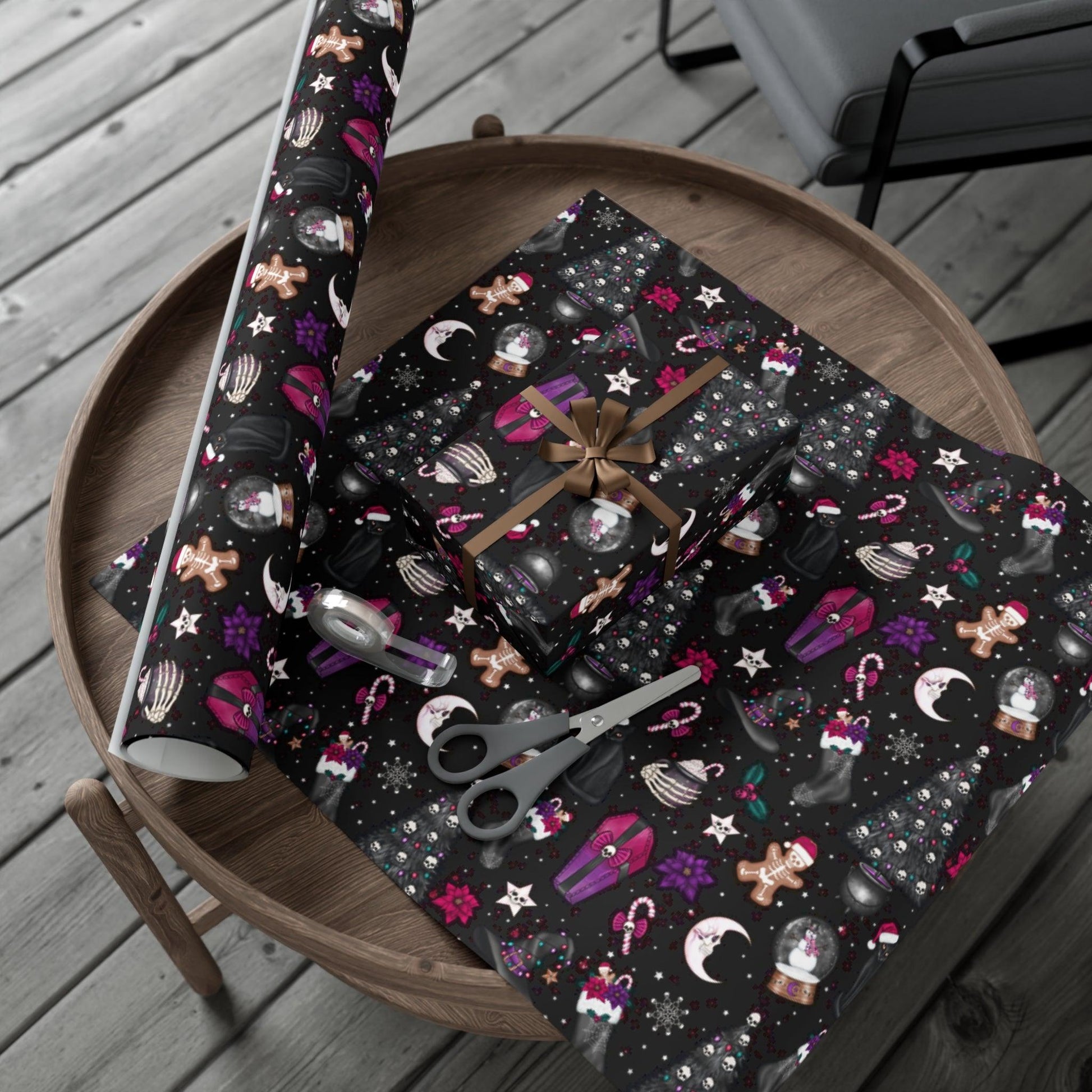 Kitschy Goth Christmas, Creepmas Whimsigoth Black Eco-friendly Gift Wrap | lovevisionkarma.com