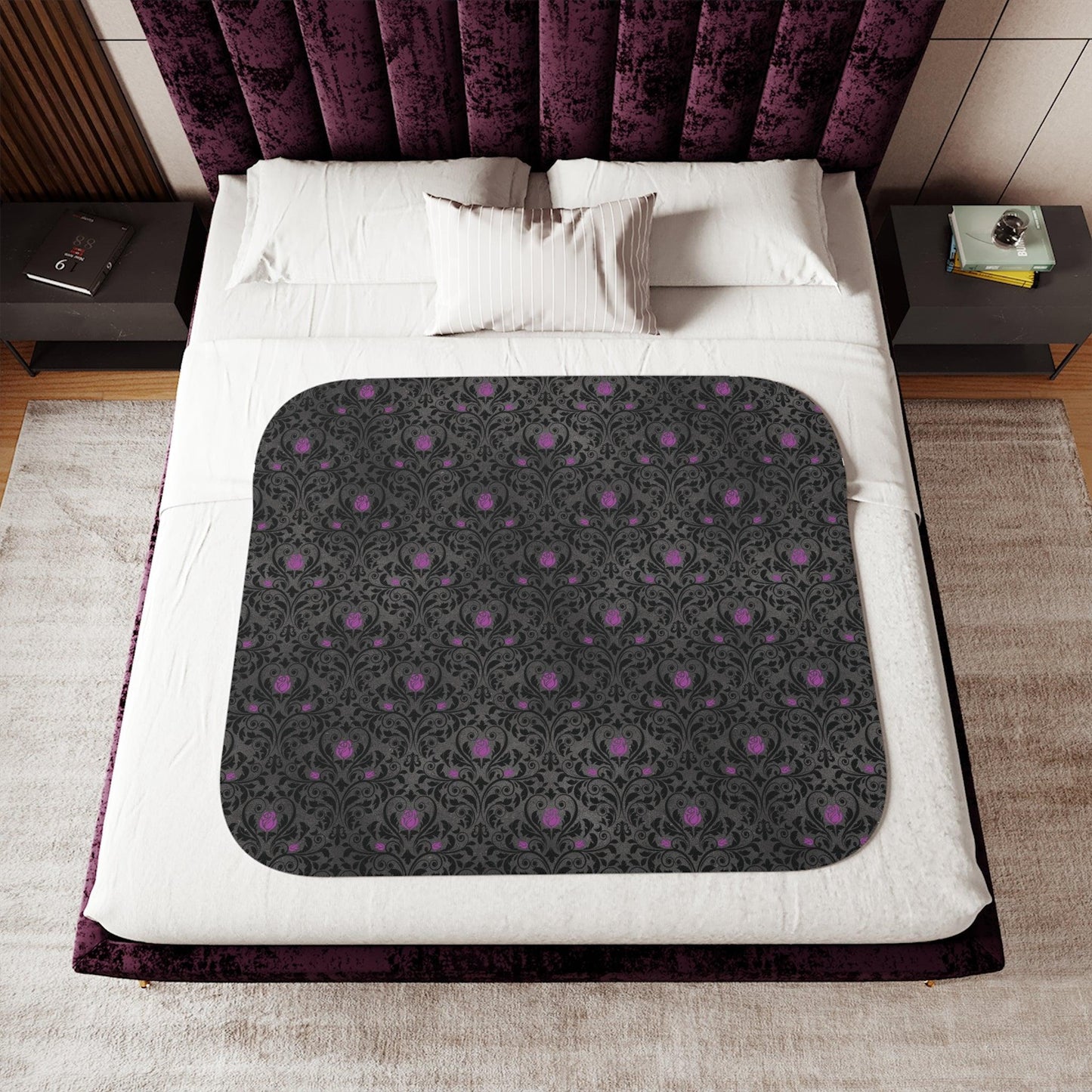 Victorian Goth Damask Purple and Black Halloween Sherpa Blanket | lovevisionkarma.com