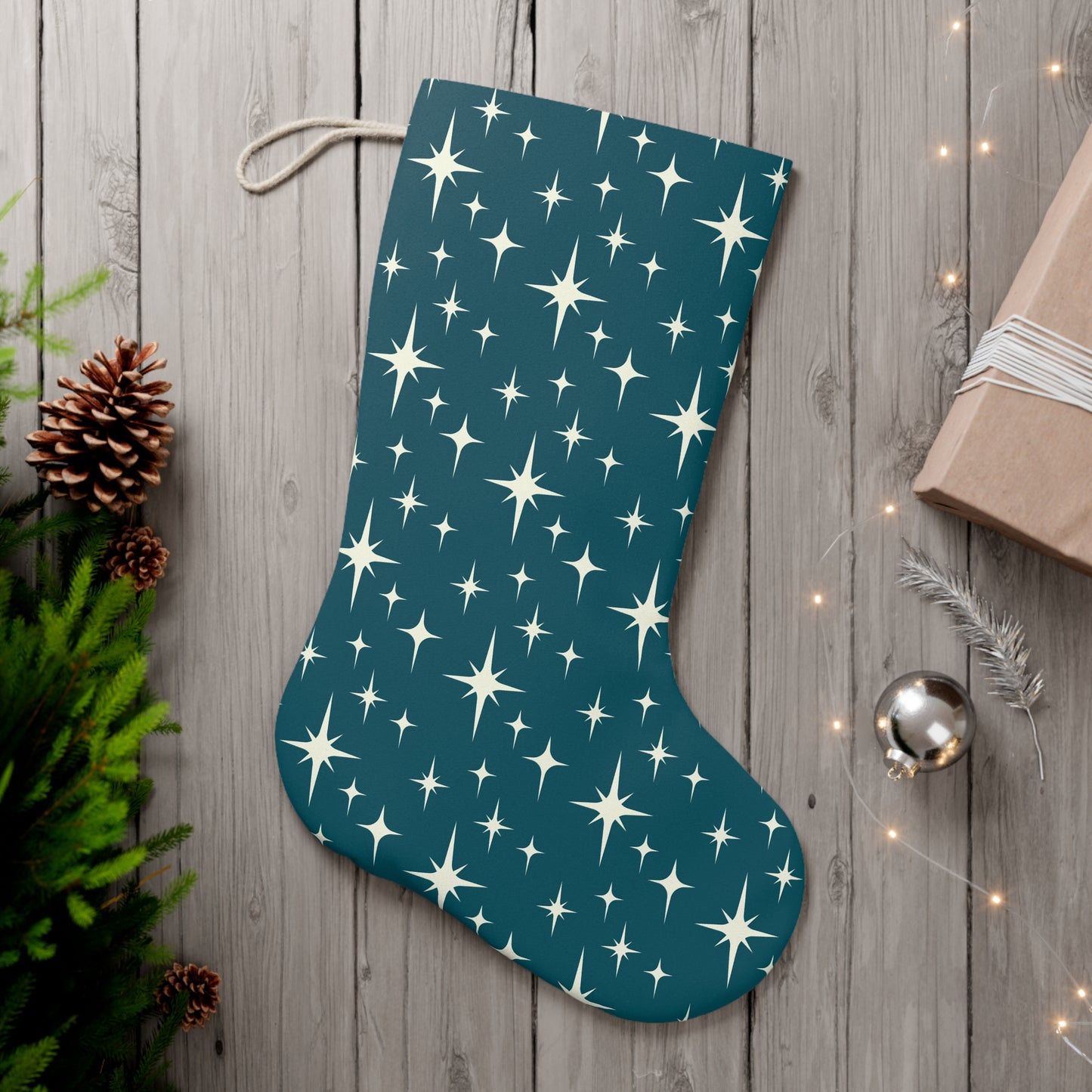 Retro 50s Atomic Starburst Mid Century Modern Blue & Cream Christmas Stocking