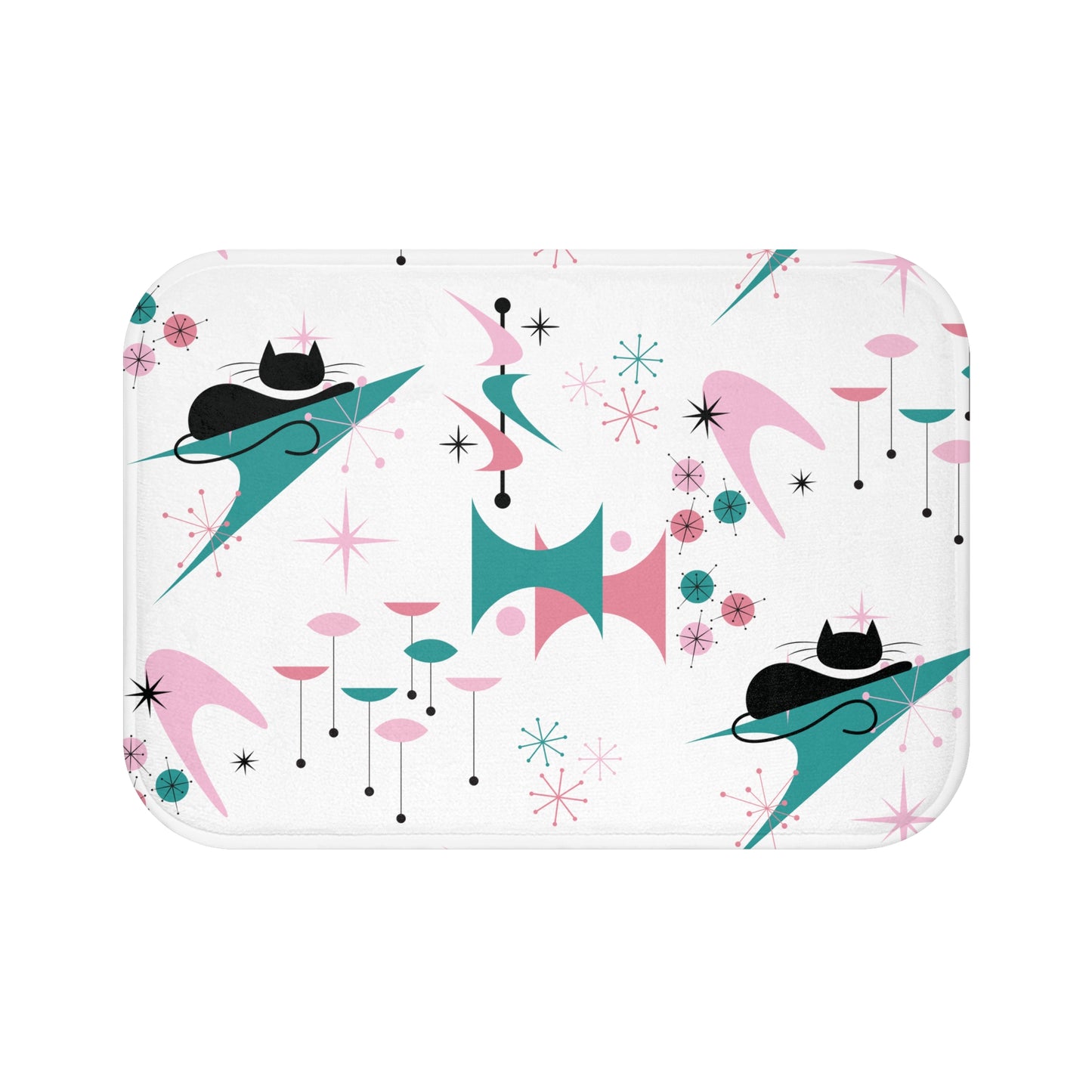 Retro 50s Atomic Black Cat, Boomerang & Starburst MCM Pink, Teal-Green & White Bath Mat